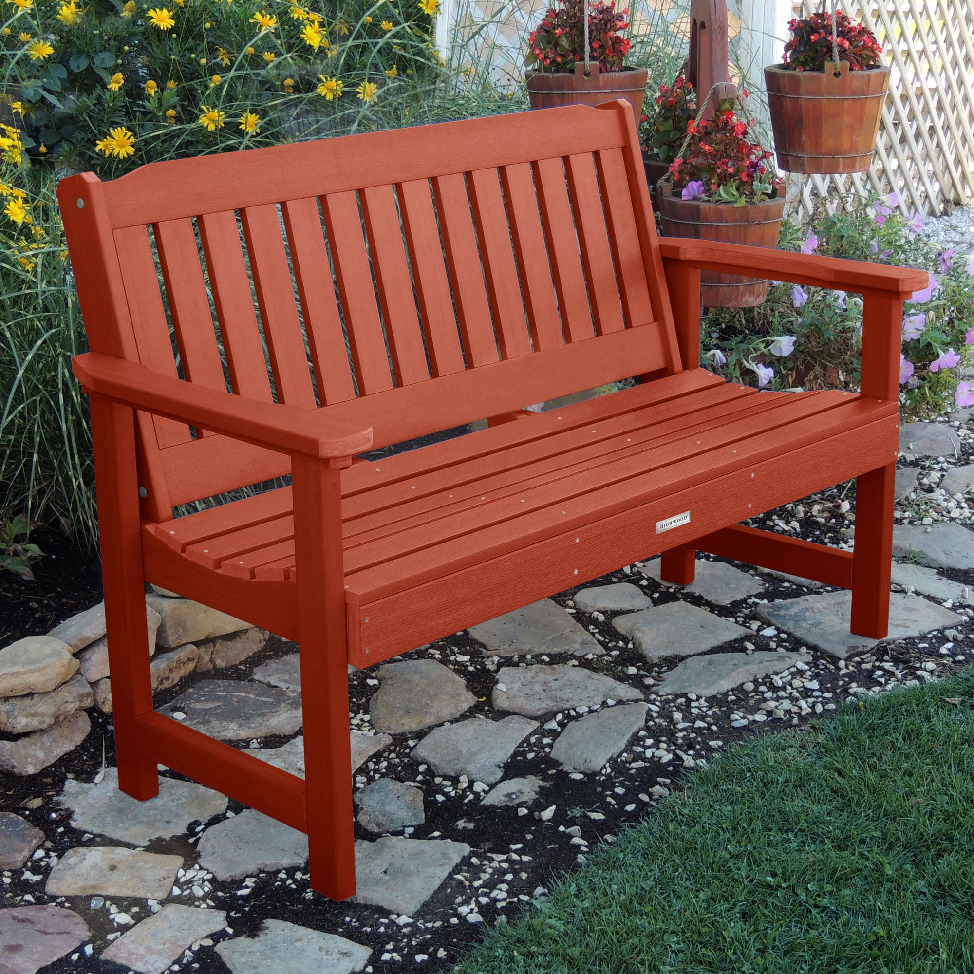 highwood AD-BENW1-RED Lehigh 60.6-in W x 34.8-in H Rustic Red Plastic Garden Bench