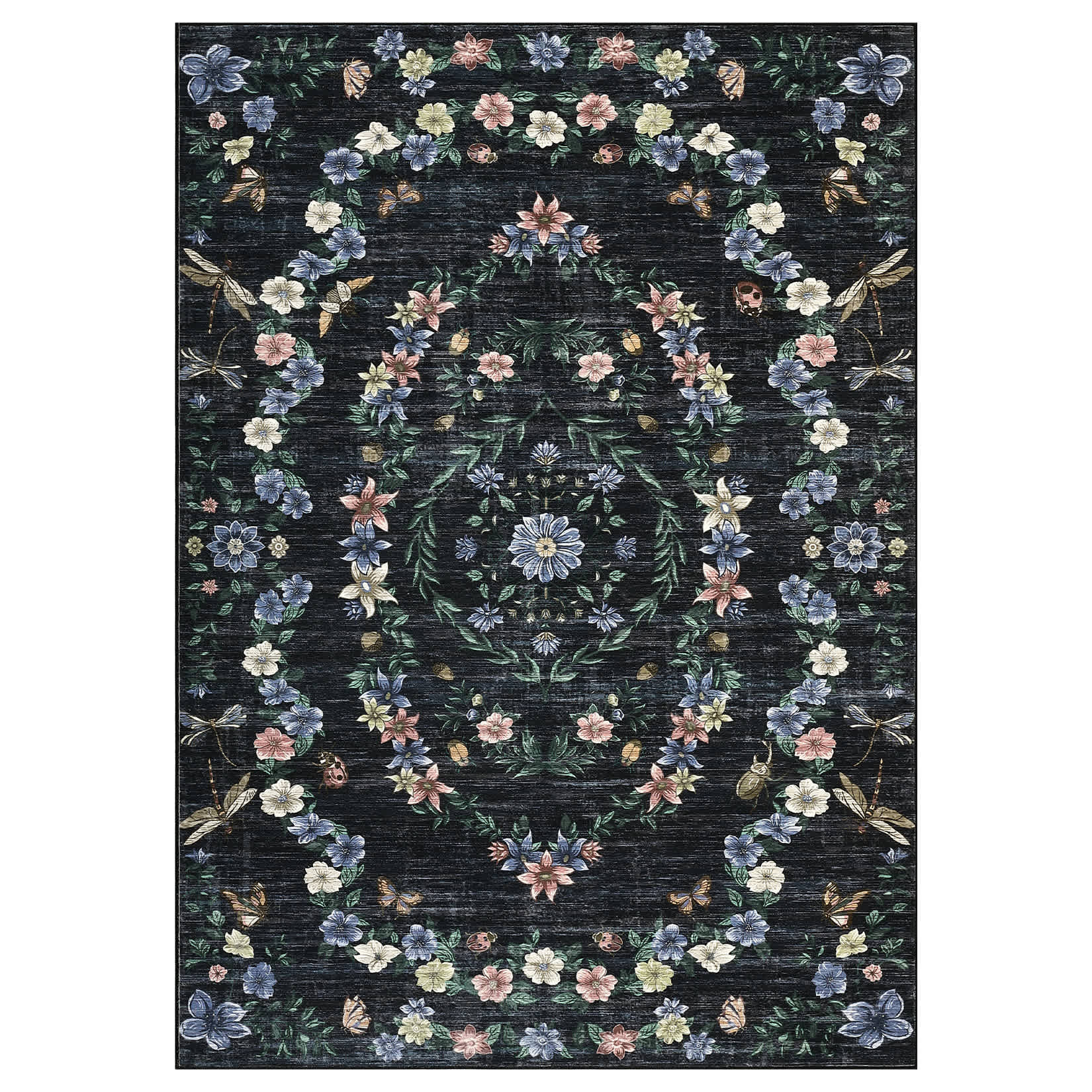 Qeetex LSN-PHK-34BN7EMW 10 x 13 ft Polyester Black Rectangular Hallway Bathroom Entryway Kitchen Office Foldable Flower Printed Washable Area Rug