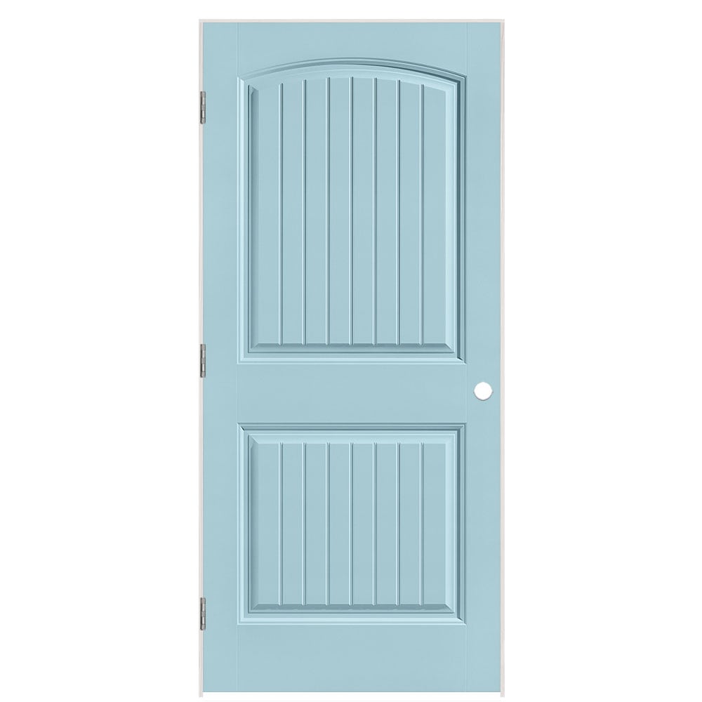 Masonite 1443590 36-in x 80-in Sea Mist Hollow core 2-panel round top plank Left hand Smooth Prefinished Molded composite Flat Jamb Single Prehung Interior Door
