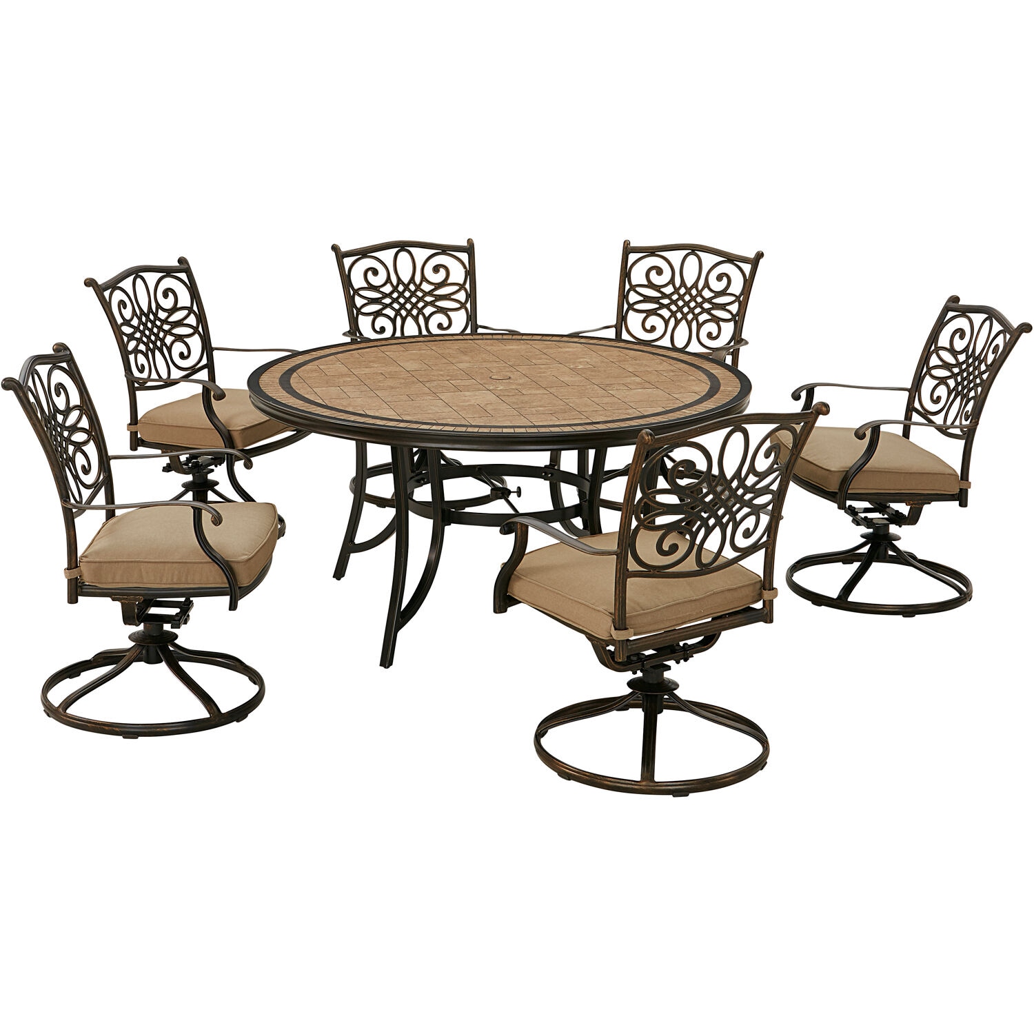 Hanover MONDN7PCSW6RDTLCTAN 7-Piece Brown Wicker Patio Dining Set Aluminum Round Table with 6 Tan Cushions Swivel Rocker Chairs