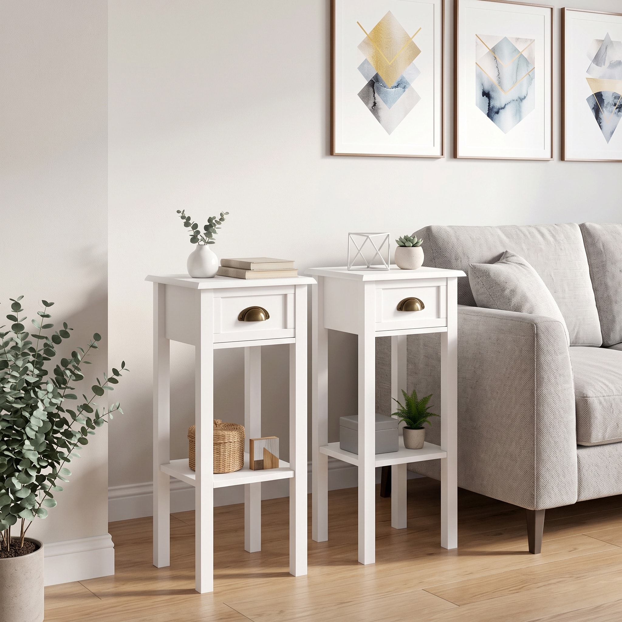 Watnature 2-Tier Side Tables Set of 2 End Table with Drawer and Shelf ...