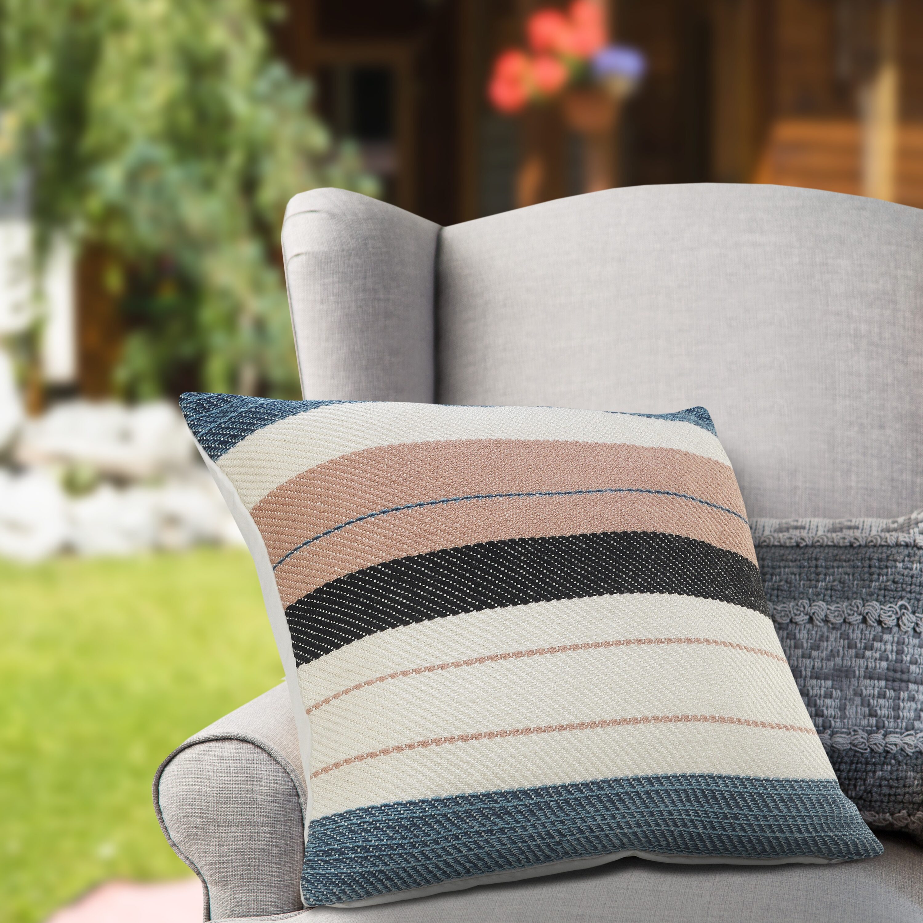 24" Blue and White Striped Square Throw Pillow