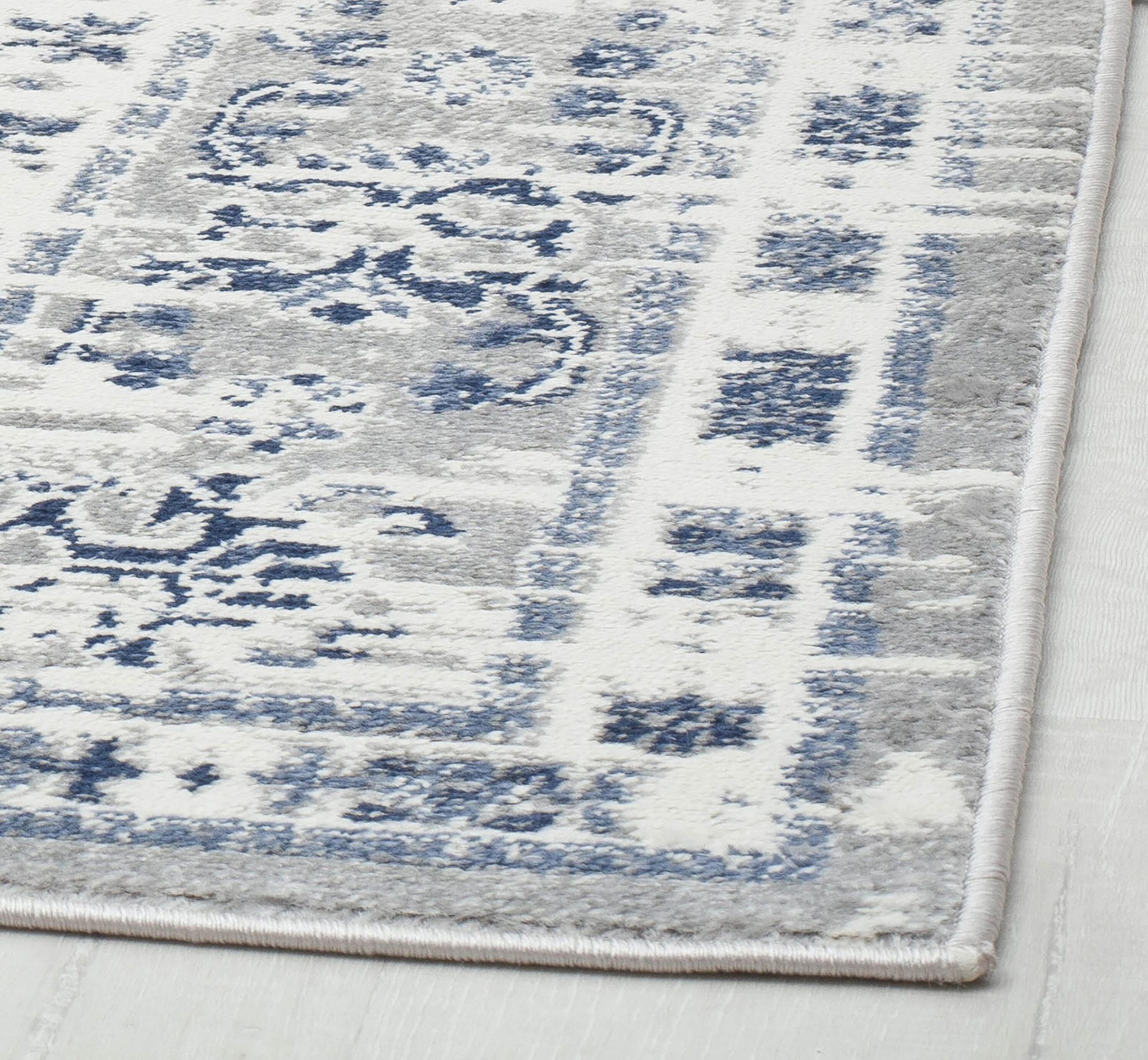Gray and Navy Floral Synthetic Area Rug, 5'3" x 7'