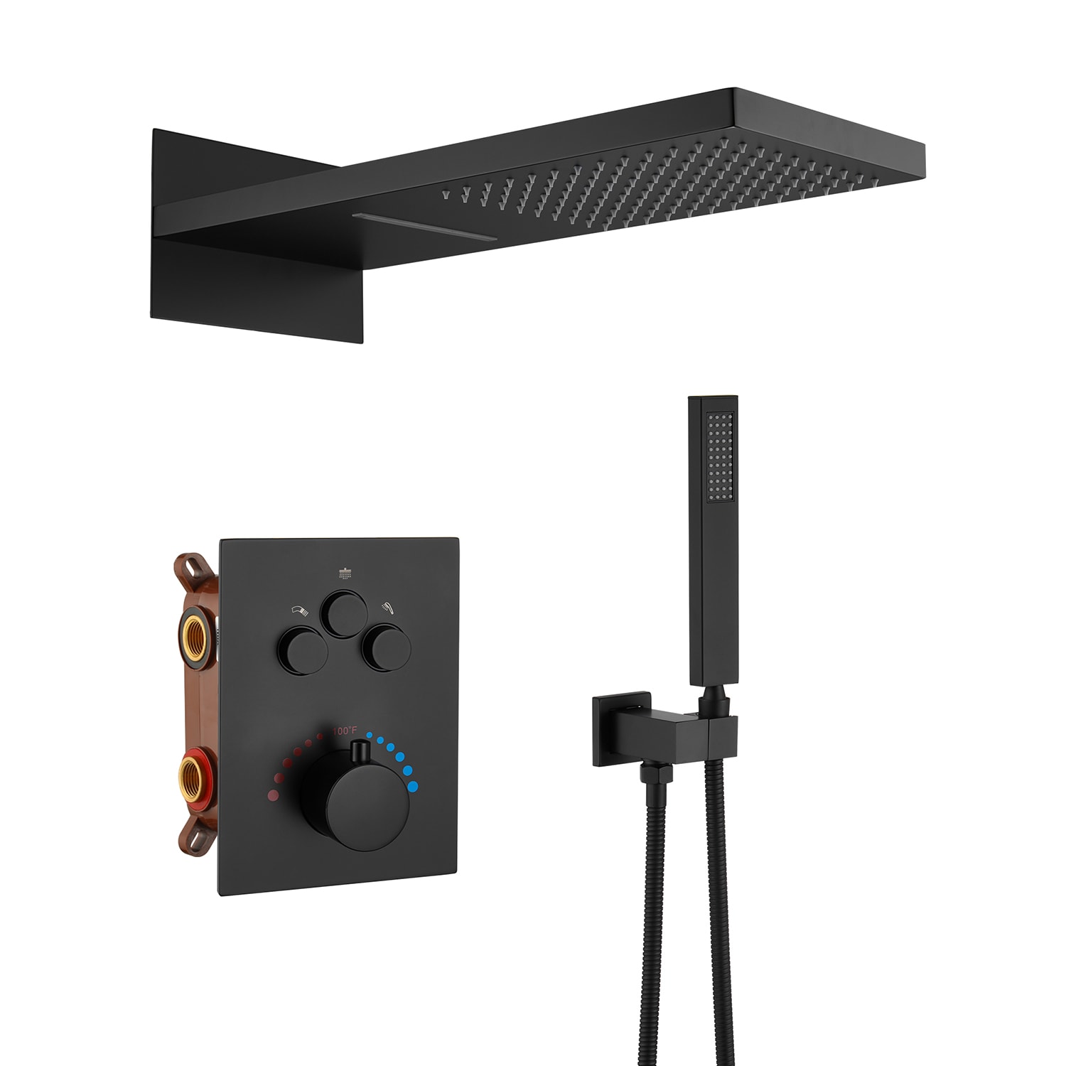 Mondawe WF6648-22BL Matte Black 22-in Waterfall Built-In Shower Faucet System with 2-way Diverter ( Thermostatic Valve Included )