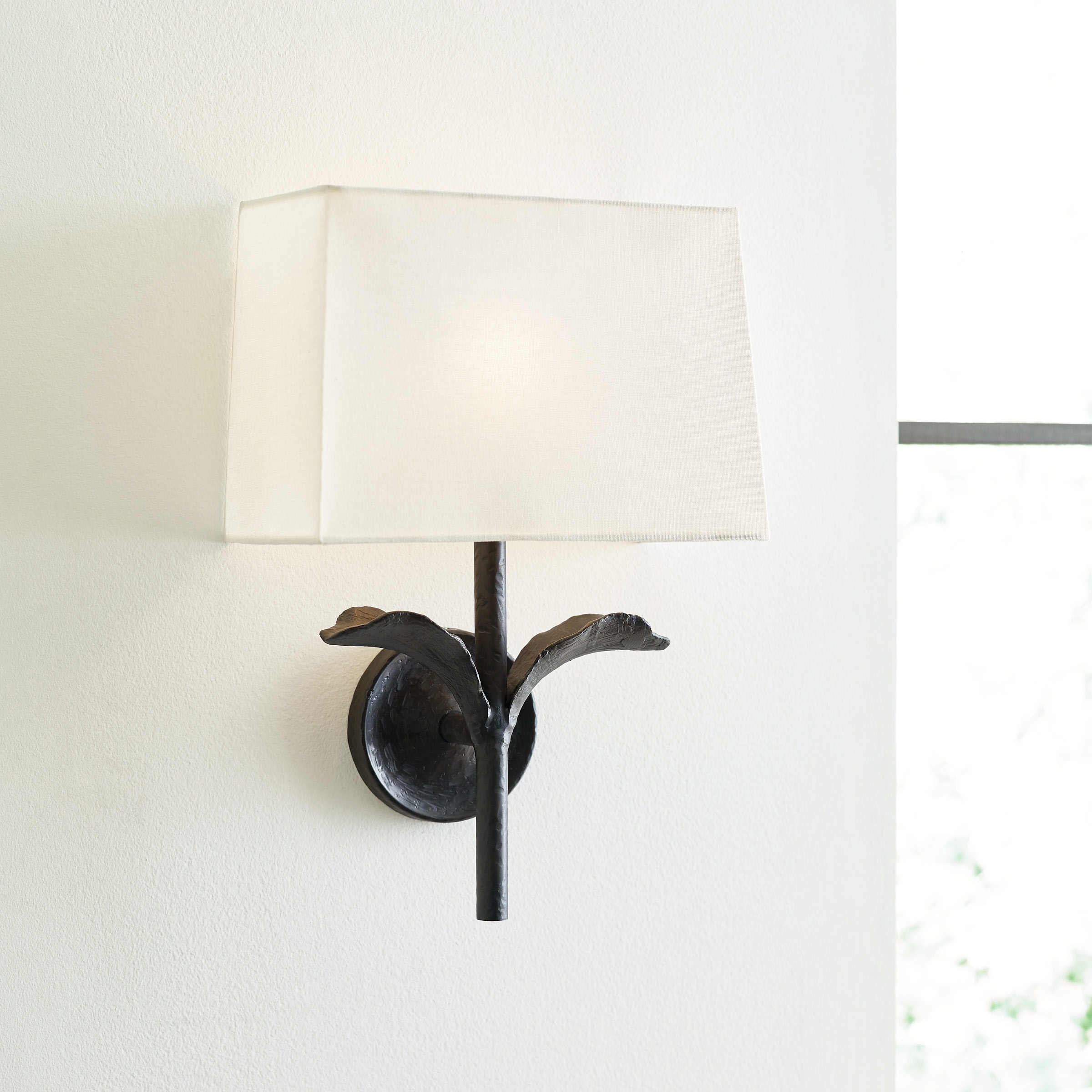 Georgia Dimmable Aged Iron Wall Sconce with White Linen Shade
