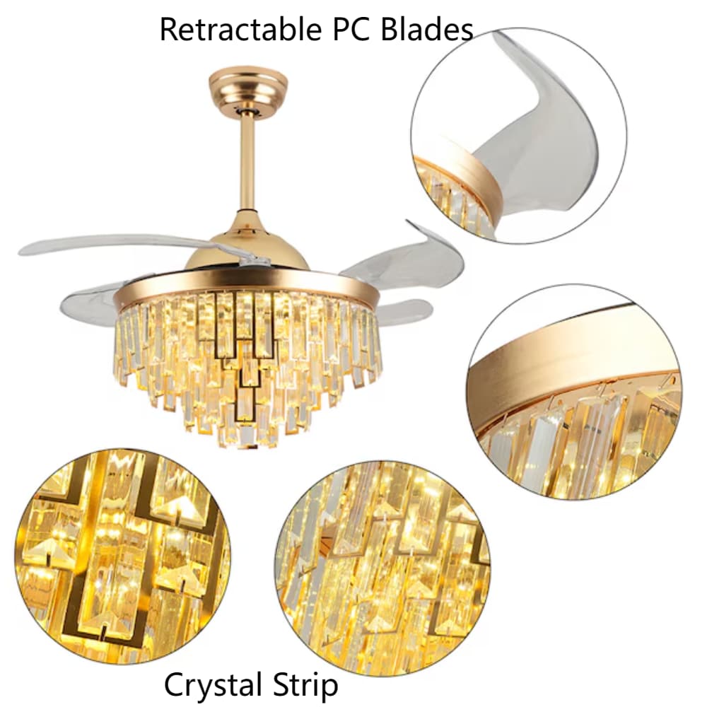 42" Gold Crystal Retractable Bladeless LED Chandelier Fan