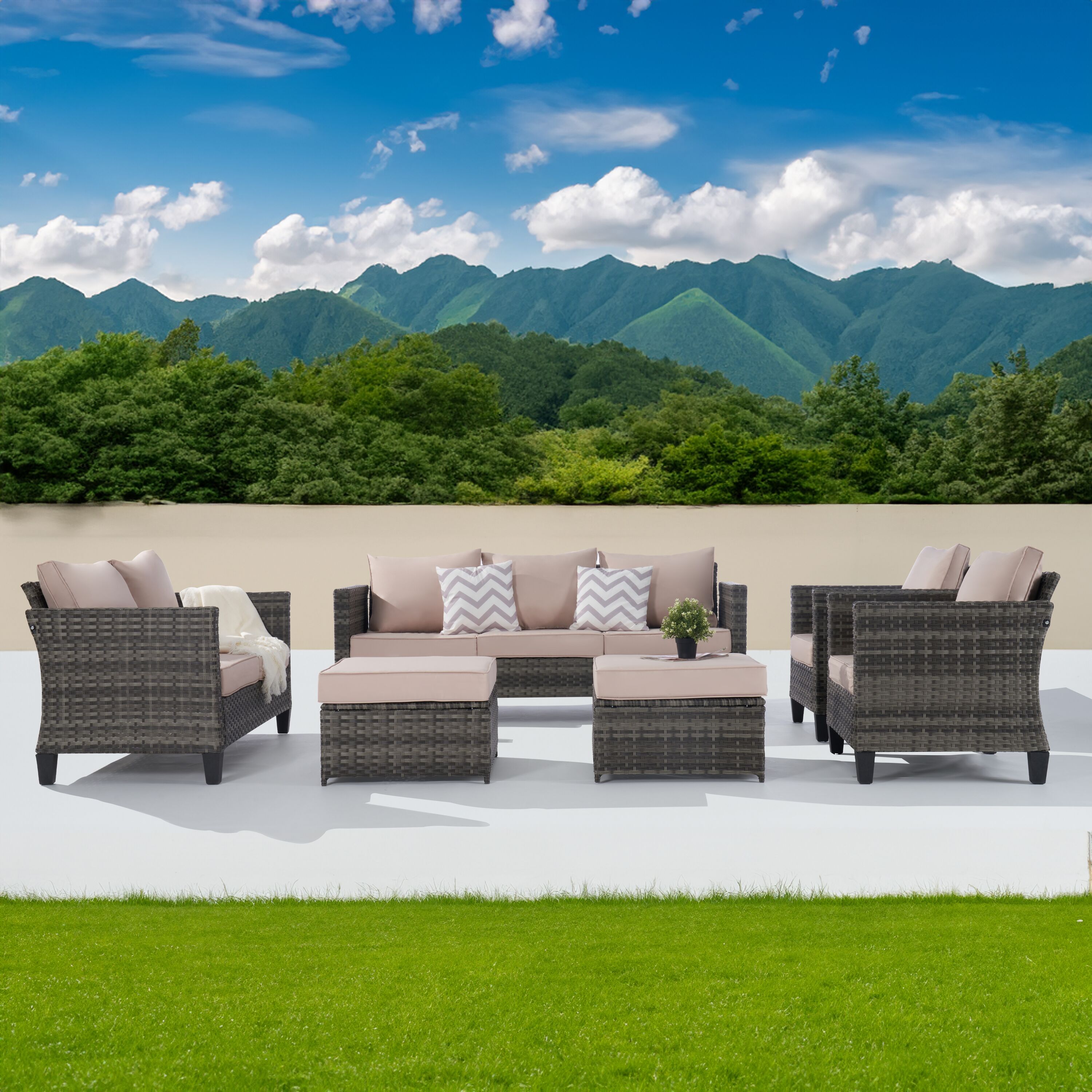 SANSTAR L-WS8922SN 6 -Piece Rattan 2 Patio Sofa Conversation Set with Brown Cushions