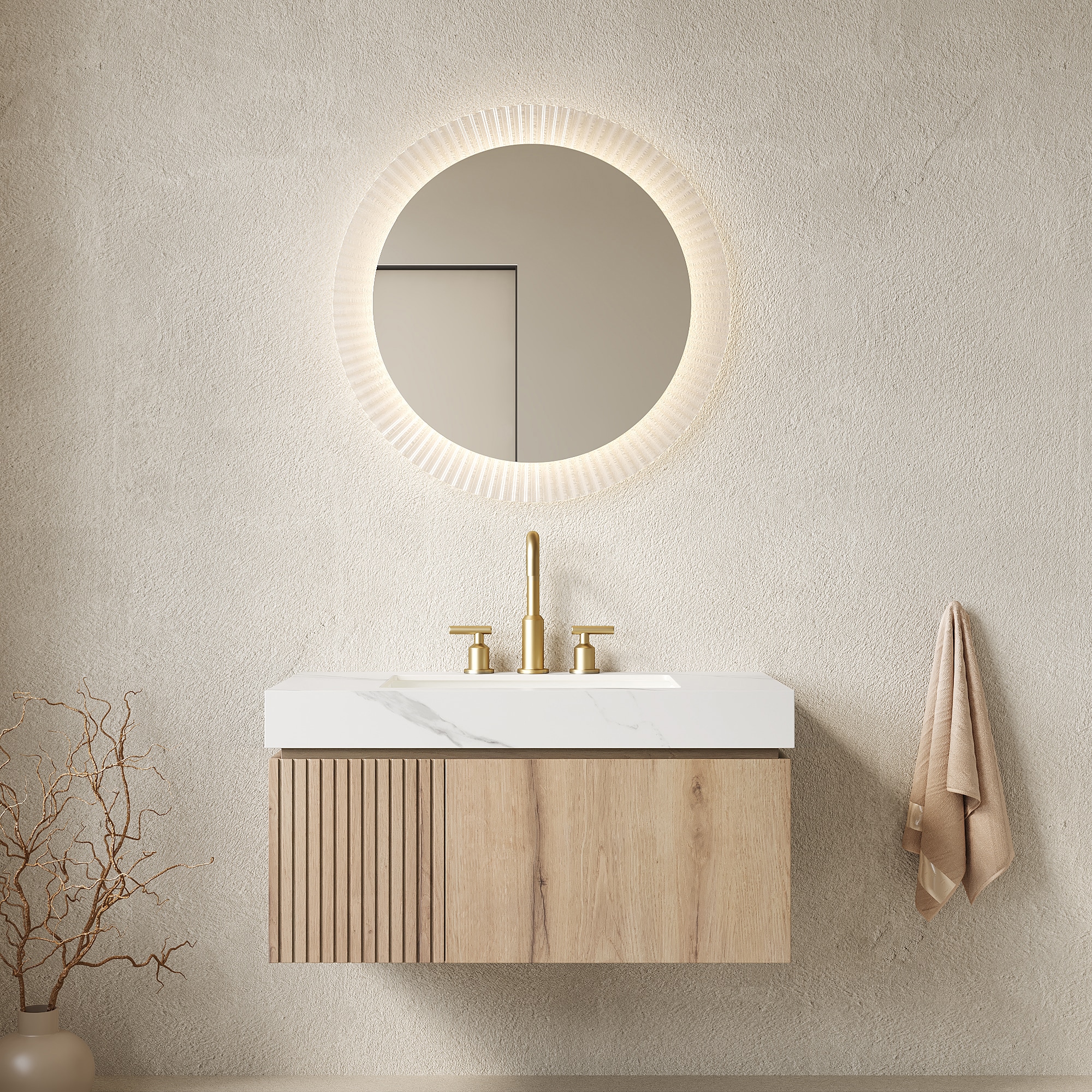 JUSHUA - 36 inch White Oak Floating Bathroom Vanity with Carrara White Sintered Stone Top Ceramic...