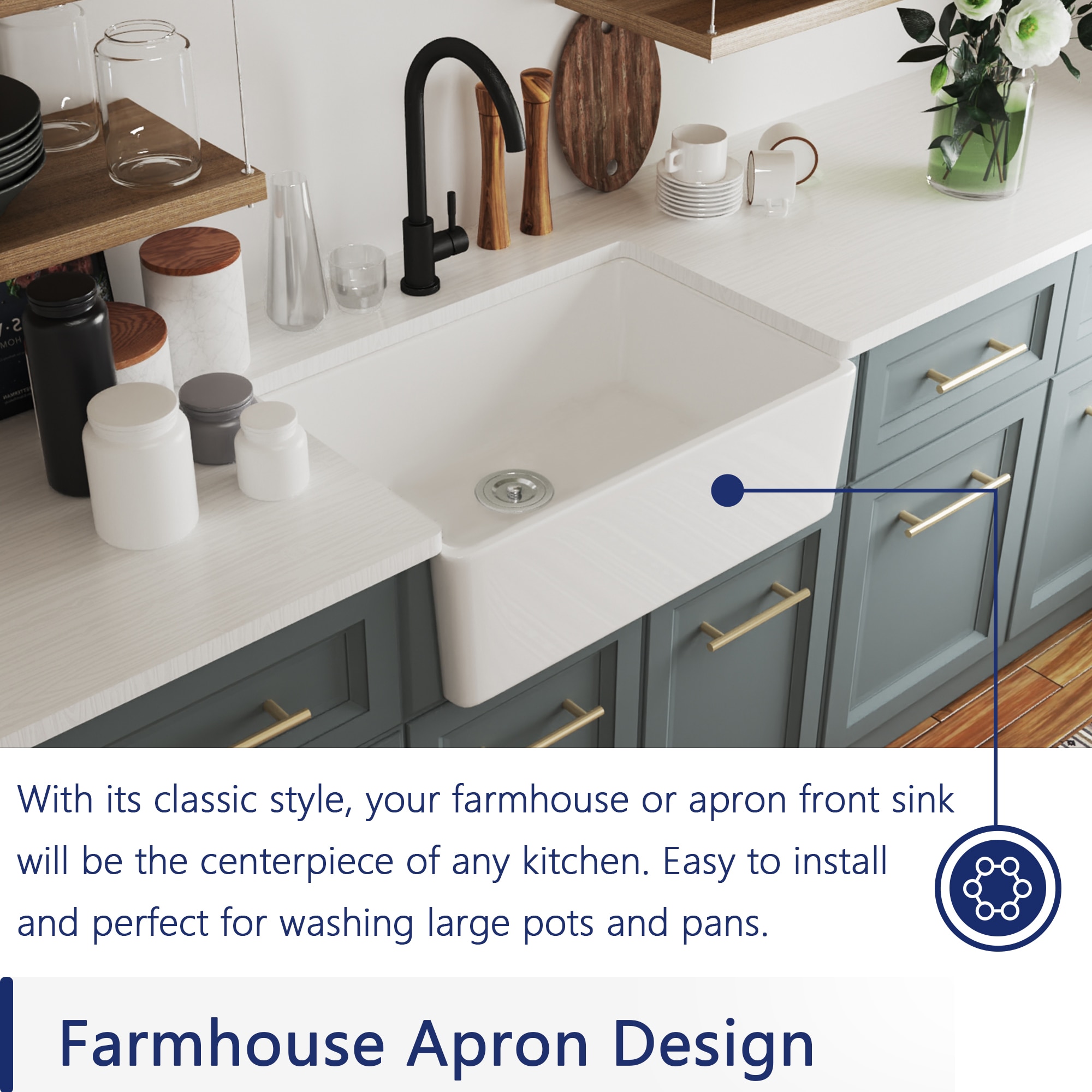 Perch 24" White Ceramic Farmhouse Apron Kitchen Sink