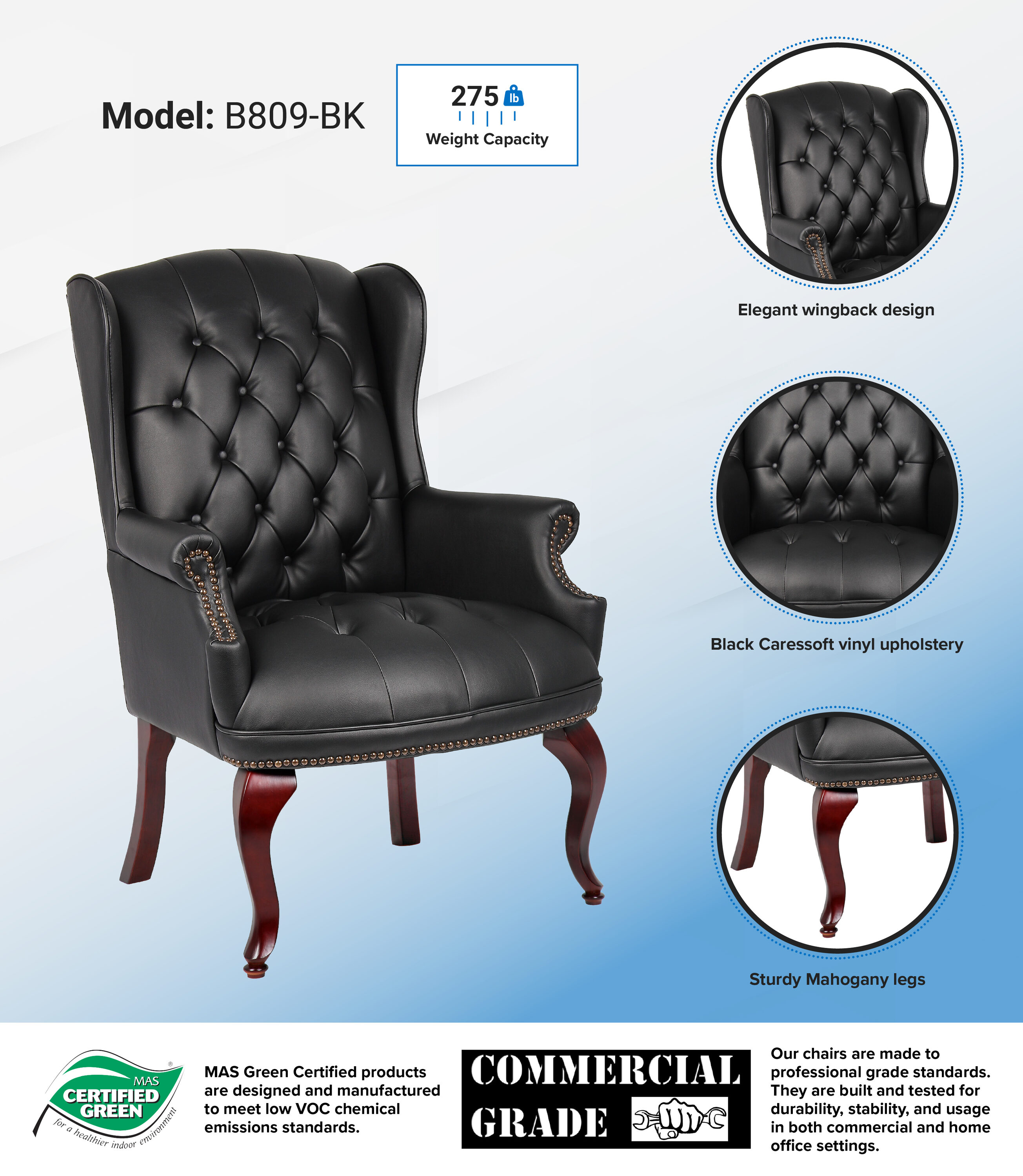 Ergonomic Wingback Vinyl Guest Chair with Mahogany Wood Base - Black