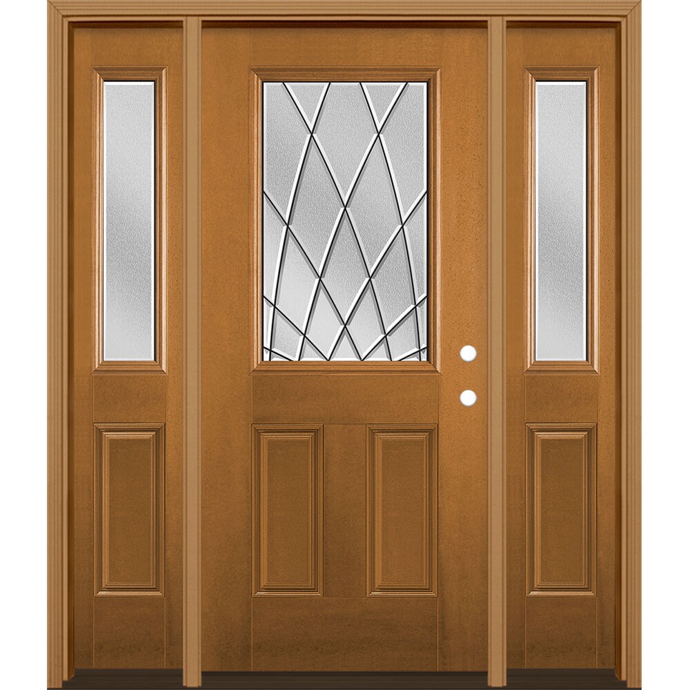 Masonite 3423409 Ventata 60-in x 80-in x 4-9/16-in Fiberglass Half lite Left-hand inswing Oakcrest Stained Prehung Single door with sidelights Front Door with Brickmould Insulating core Decorative glass