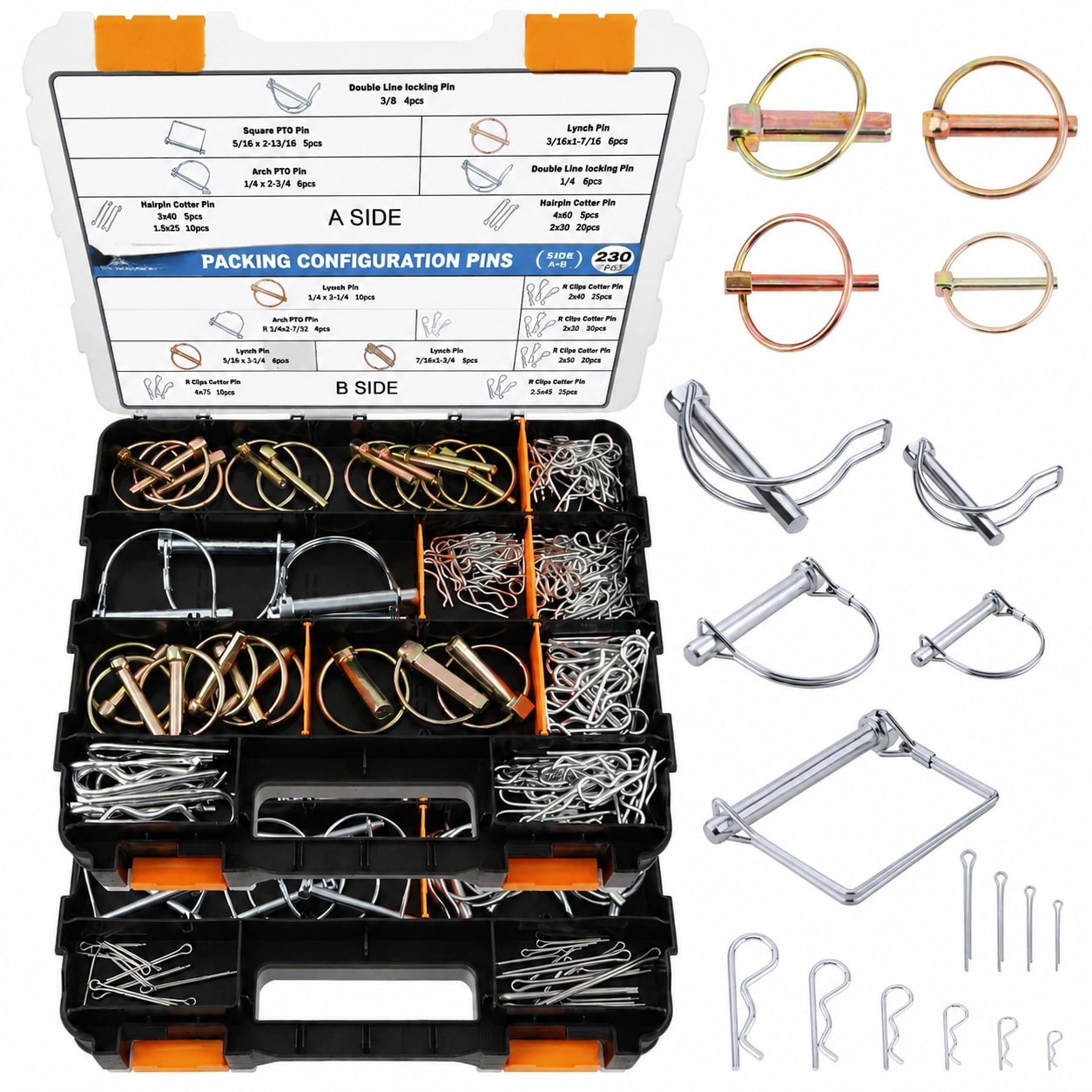 KHKFY  230 Piece Heavy Duty Pin Assortment Kit with Hitch Pins Clip Pins Lynch Pins PTO Pins for Truck Towing Farm Equipment Lawn Mowers and