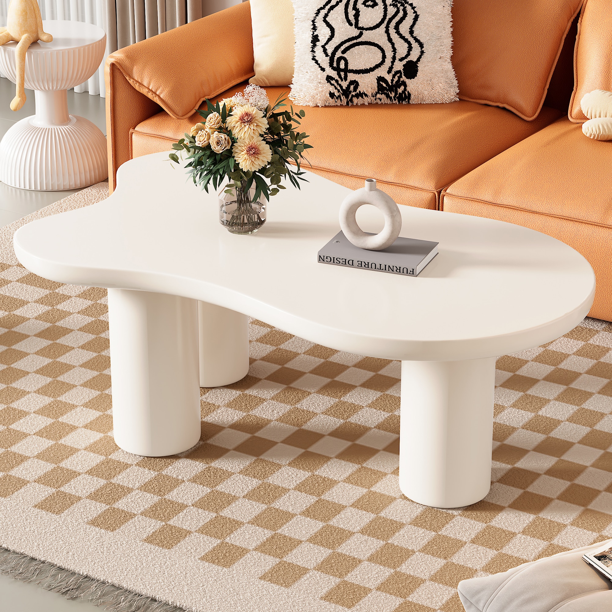 ModernLuxe N721P190395K 44inch x 25.9inch Easy Assembly Cloud Coffee Table with 1.5inch Thick Tabletop Cream Style Irregular End Table with 3 Sturdy Legs Sleek Center Table with Round Edge for Living Room White