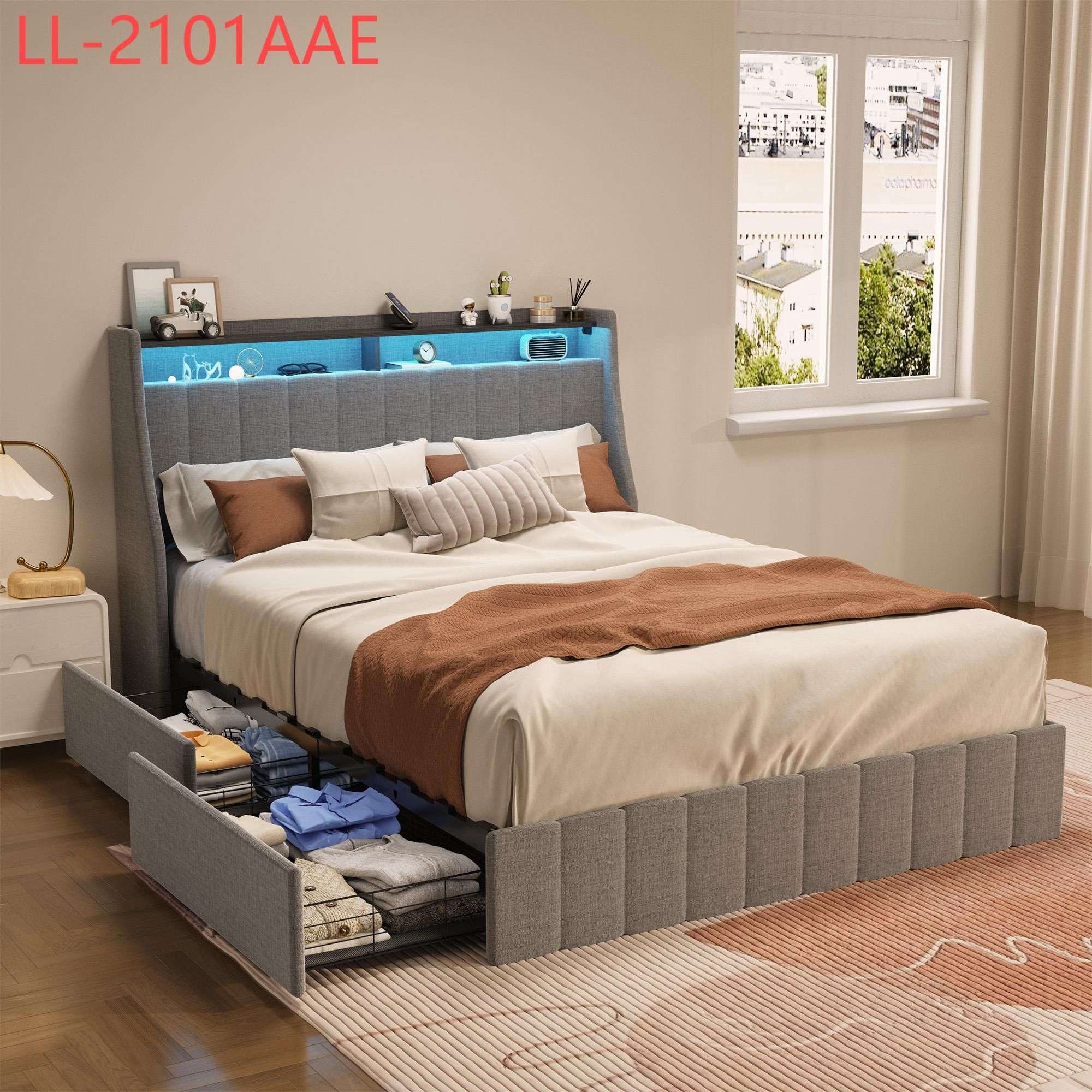 Yiekholo LL-2101AAE Queen Light Gray Wood Platform Bed Storage with Headboard