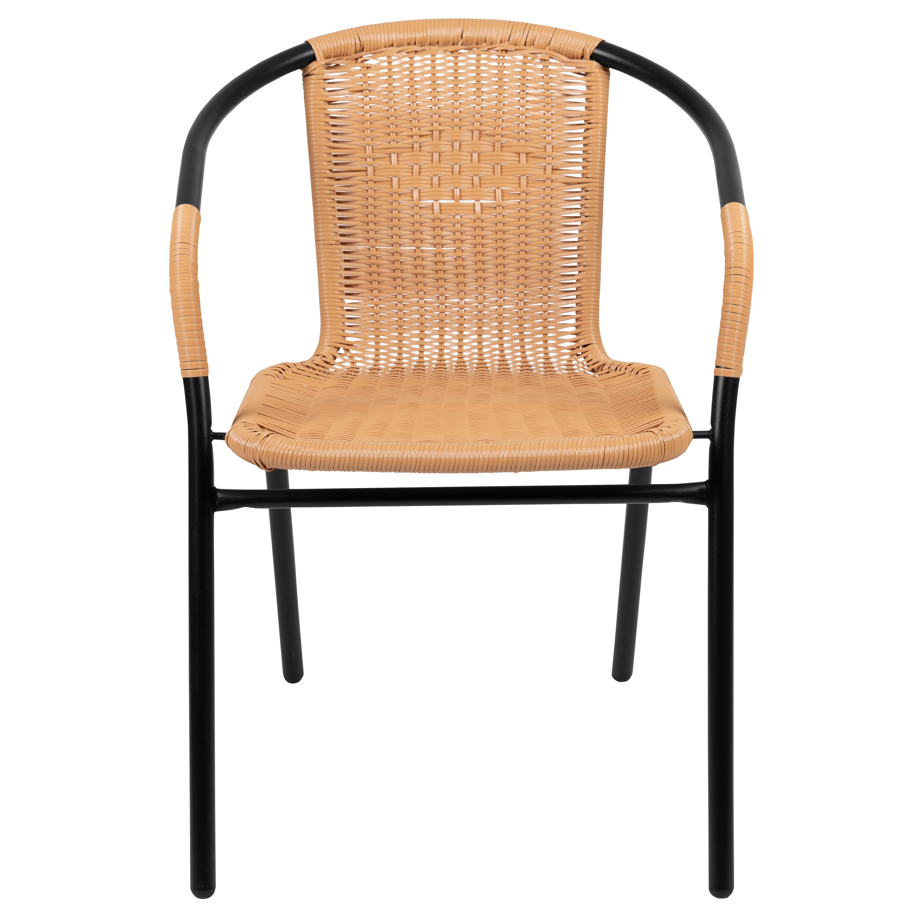 Beige Rattan and Black Steel Patio Dining Chairs, Set of 2