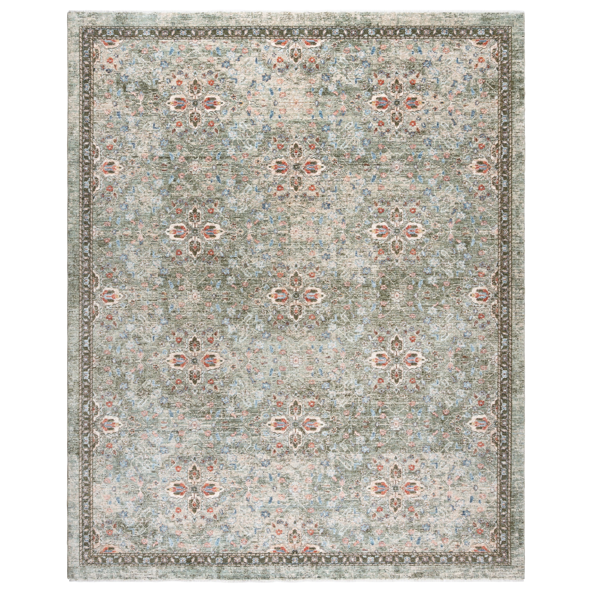 Ivory and Olive Green Synthetic Rectangular Area Rug