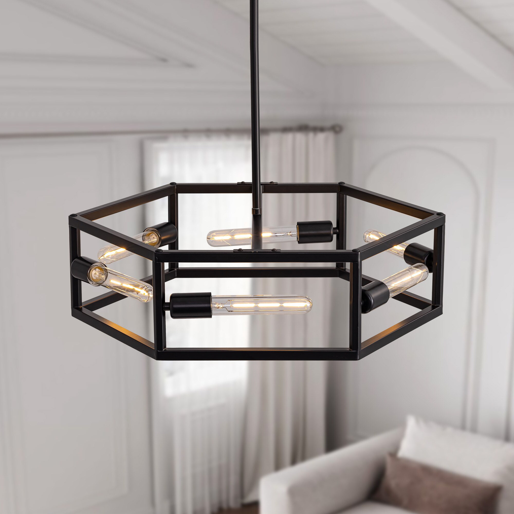Antoine DCL008 Modern Linear Drum 6 -Light Matte Black Industrial Cage For Use in Bedrooms, Dining Rooms, Foyers, Kitchens, Living Rooms Chandelier