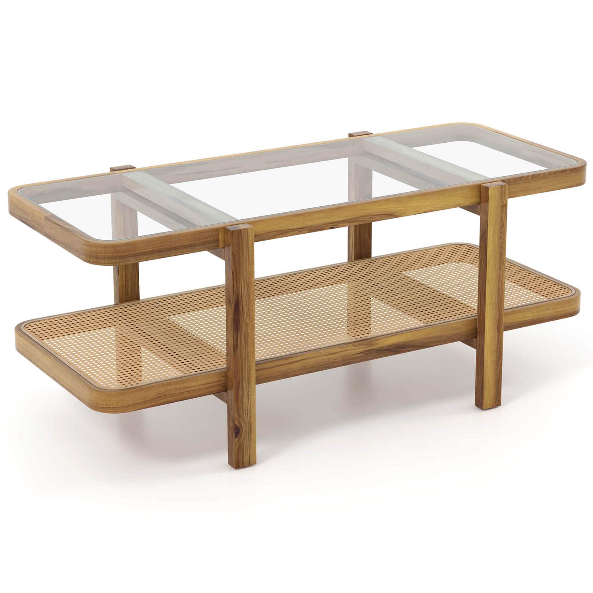 Costway HCST04755 Table Top Finish Acacia Glass Modern Coffee Table with Storage