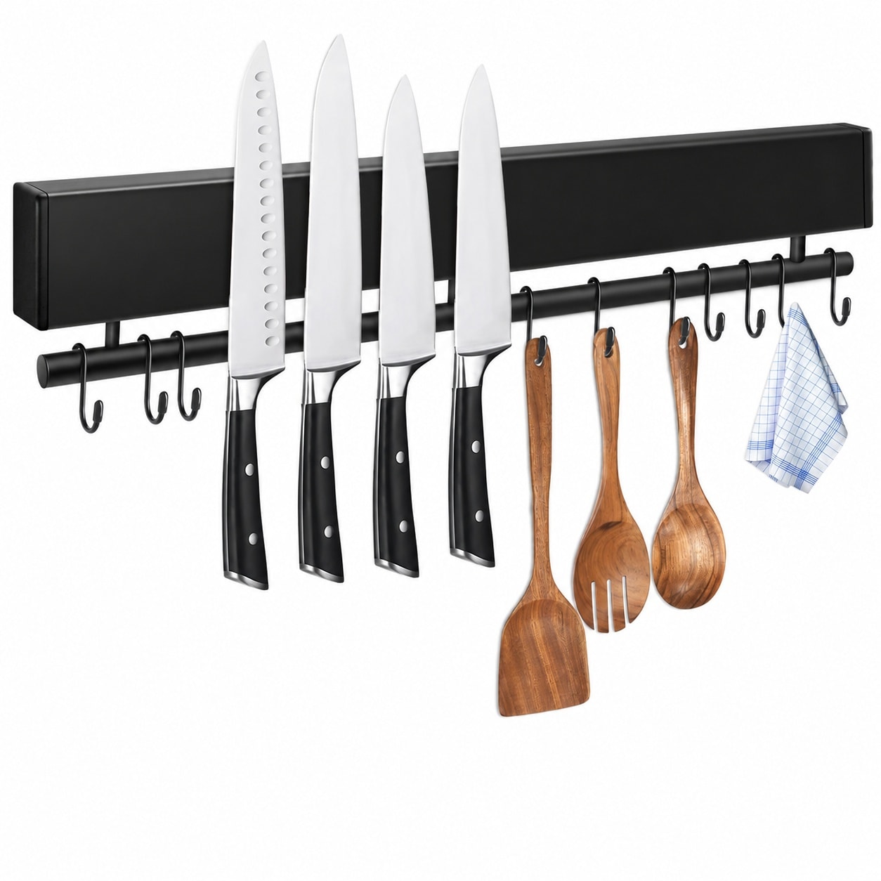Aoibox  17 Inch Magnetic Knife Holder with 10 Hooks No Drilling Black Knife Strip and Utensil Hanger for Wall Mount