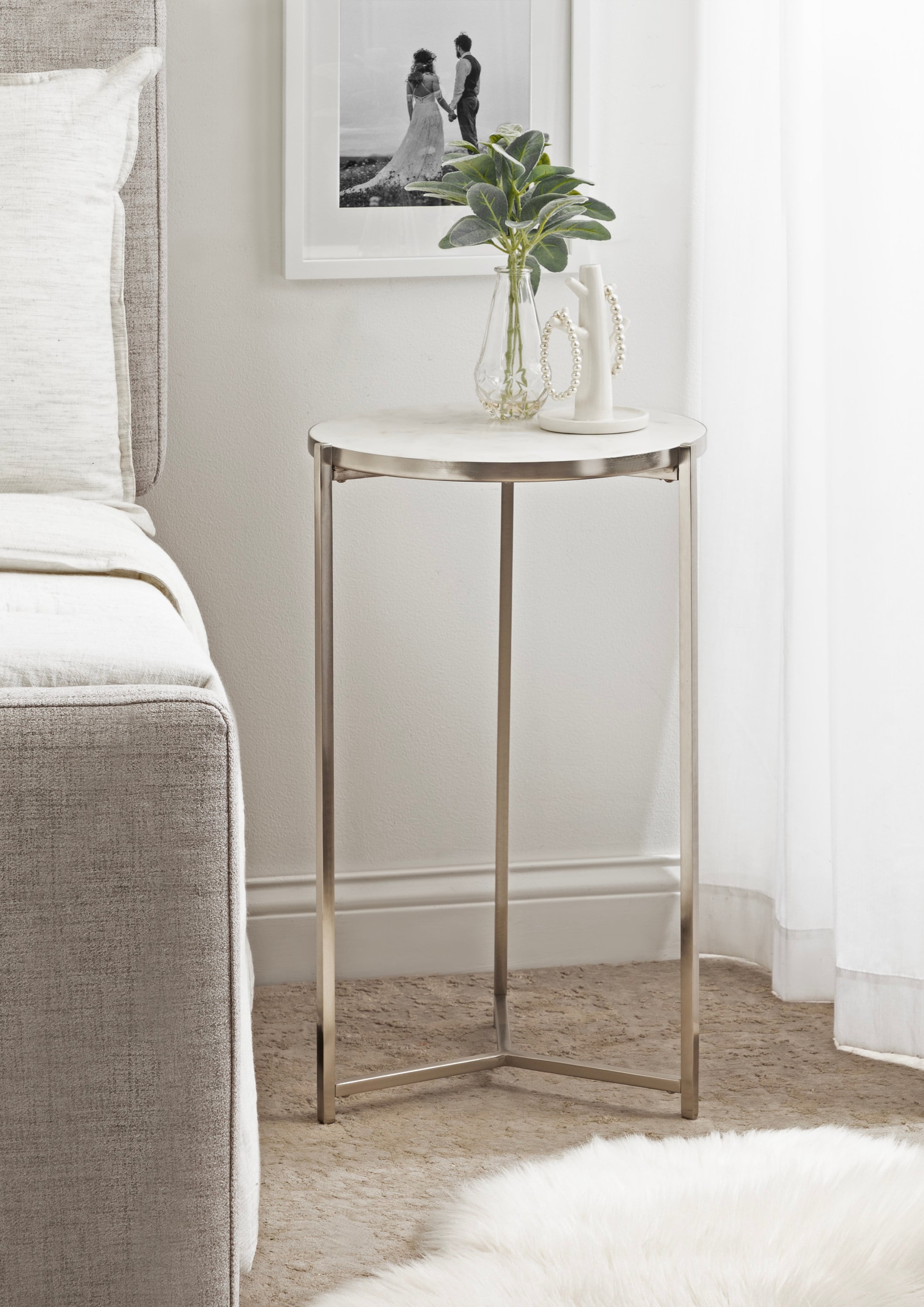 Silver Round Marble and Metal Side Table
