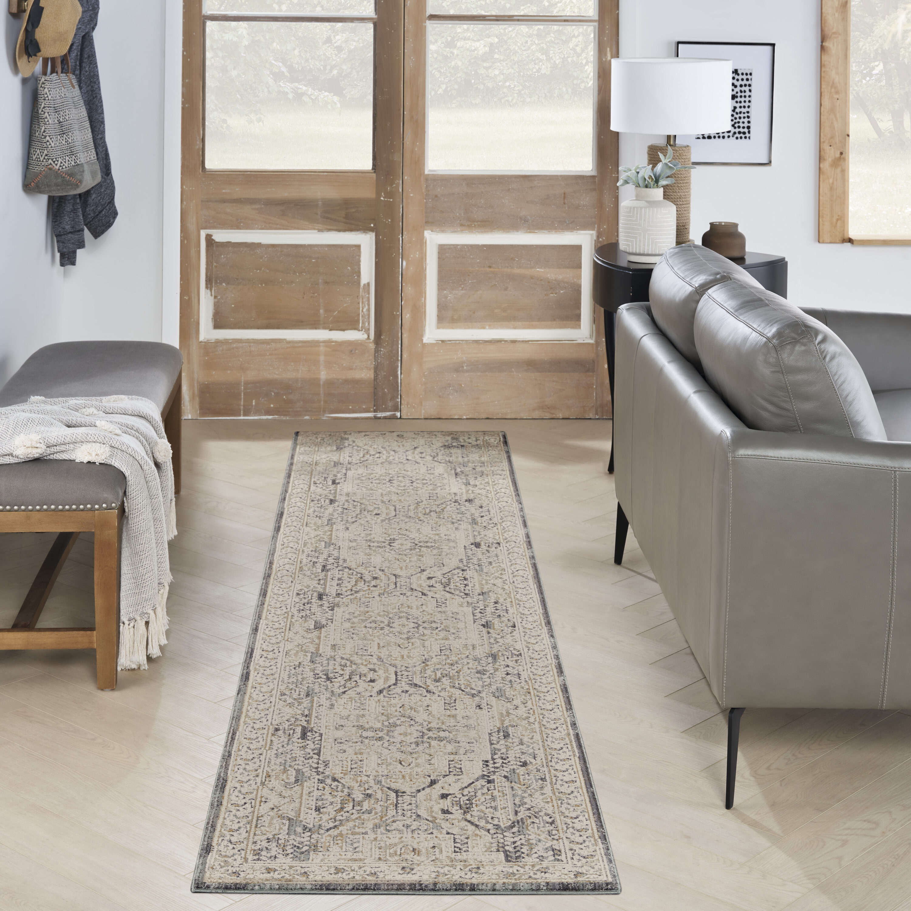 Nourison 099446102430 Nyle 2 x 10 (ft) Loomed Polyester Ivory Charcoal Rectangular Indoor Tribal Vintage Runner rug
