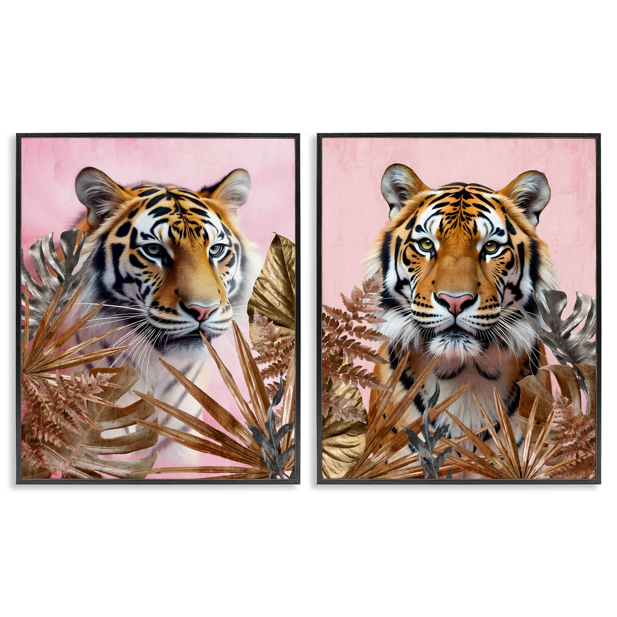 Stupell Industries B2-714-FR-2PC-11X14 Fierce Tigers and Gold Leaves 2pc Framed Giclee Set Design by Kim Allen