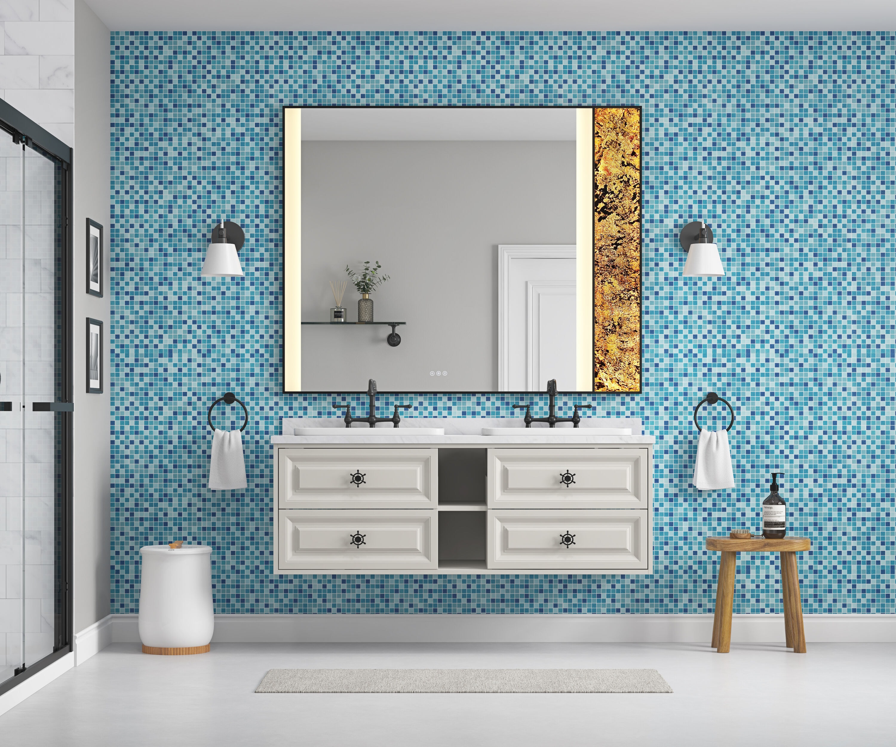 Vacolite KP36048-MB-TK 48-Inches x 60-Inches Polished Rectangle Dimmable Lighted Fog Free Tilting Bathroom Vanity Mirror ( Natural stone decoration )