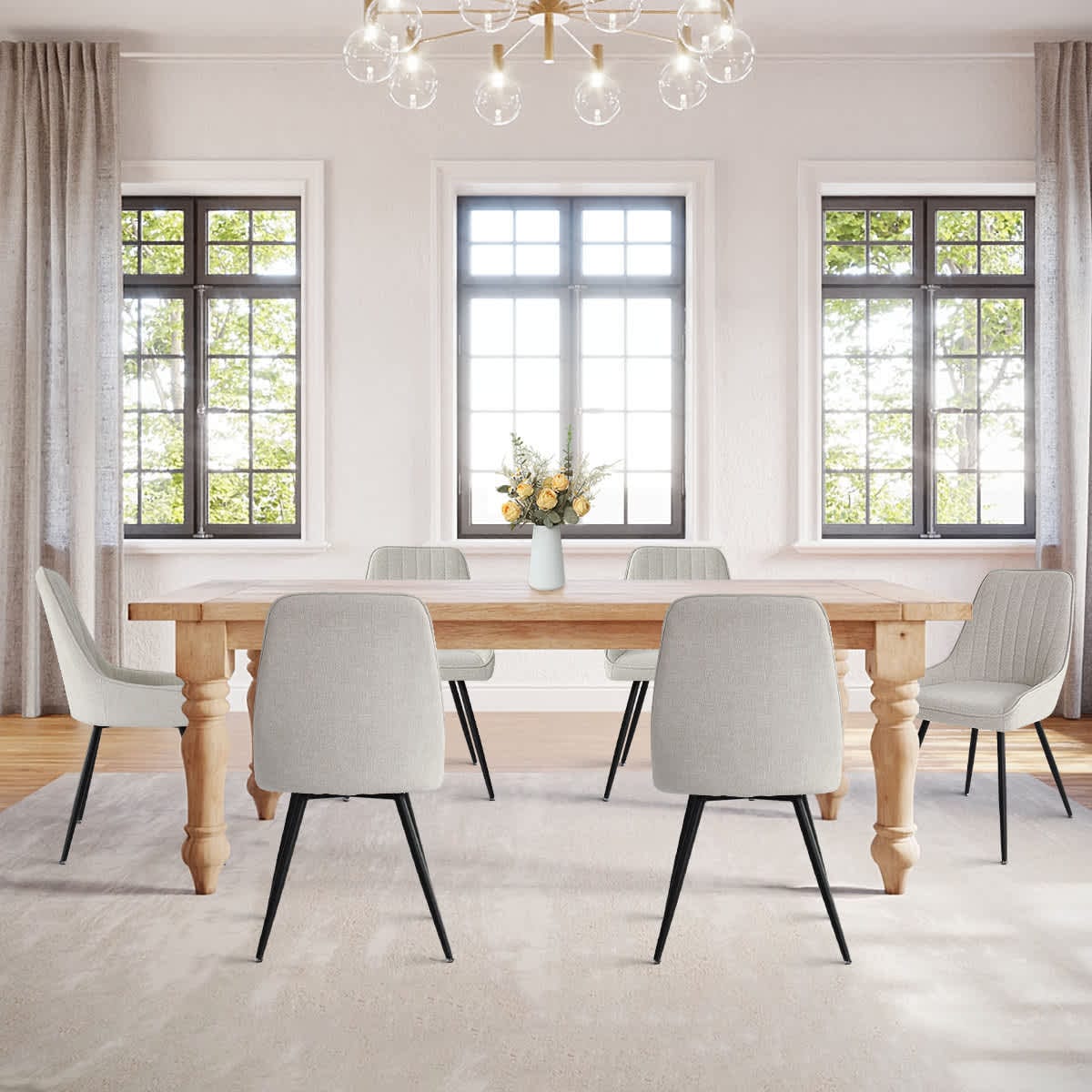 Maison Boucle BOSTON-CHAIR-BG-6 Modern Set of 6 Beige Upholstered Armless Dining Chairs with Tufted Back and Black Metal Legs
