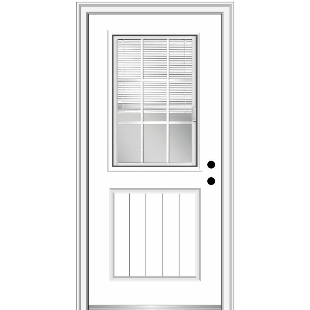 MMI DOOR ZZ365473L 36-in x 80-in x 6-9/16-in Fiberglass Half lite Left-hand inswing Primed Prehung Front Door with Brickmould Insulating core with Blinds and Grilles