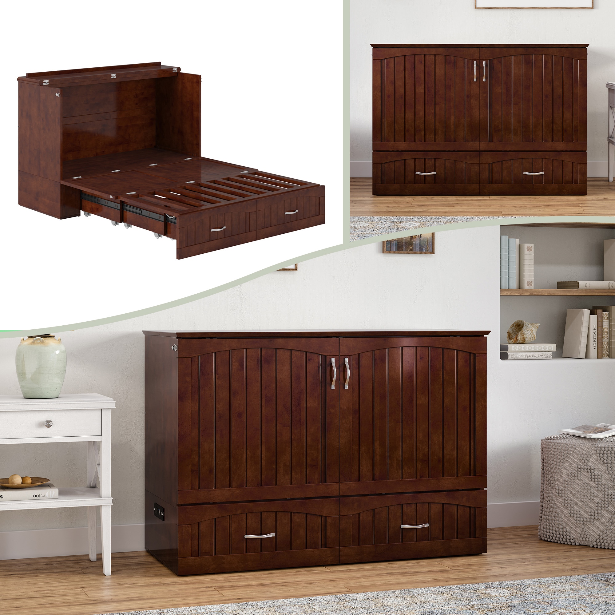 AFI AC613104 Elena No Mattress Walnut Full Wood Murphy Bed with Storage