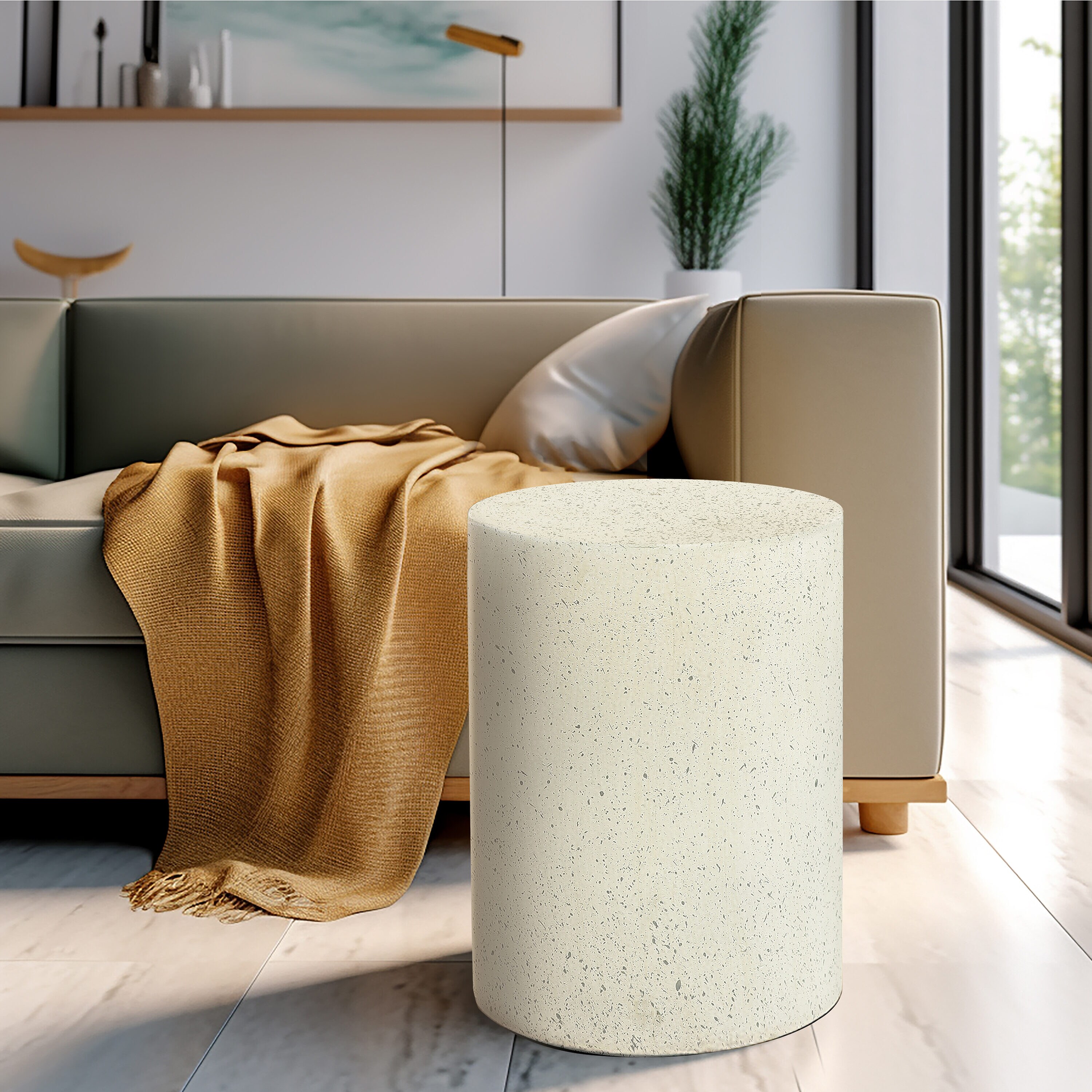 Off-White and Gray Speckled Cement Round Patio Side Table
