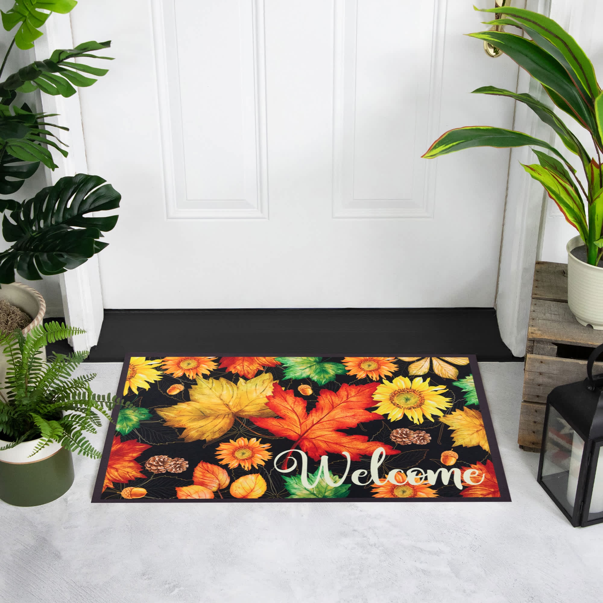 Northlight Maple Leaves and Sunflowers Welcome Fall Harvest Outdoor Doormat - 17.75 inch x 29.5 inch