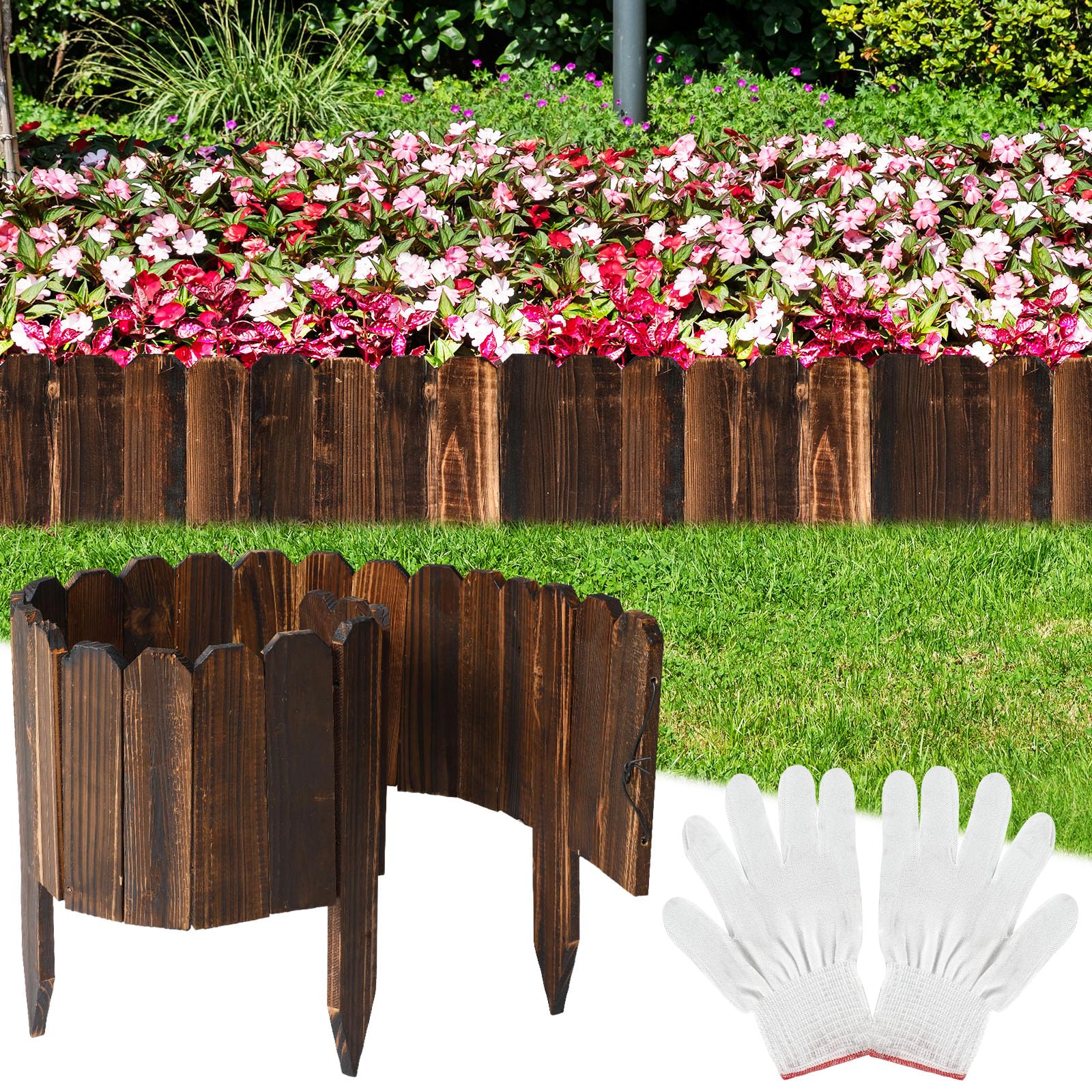 Justincity  Rustic Wood Garden Edging Border 4 Pieces Total 15.8 Feet with Gloves for Yard Pathway Flower Bed Lawn Tree Decoration