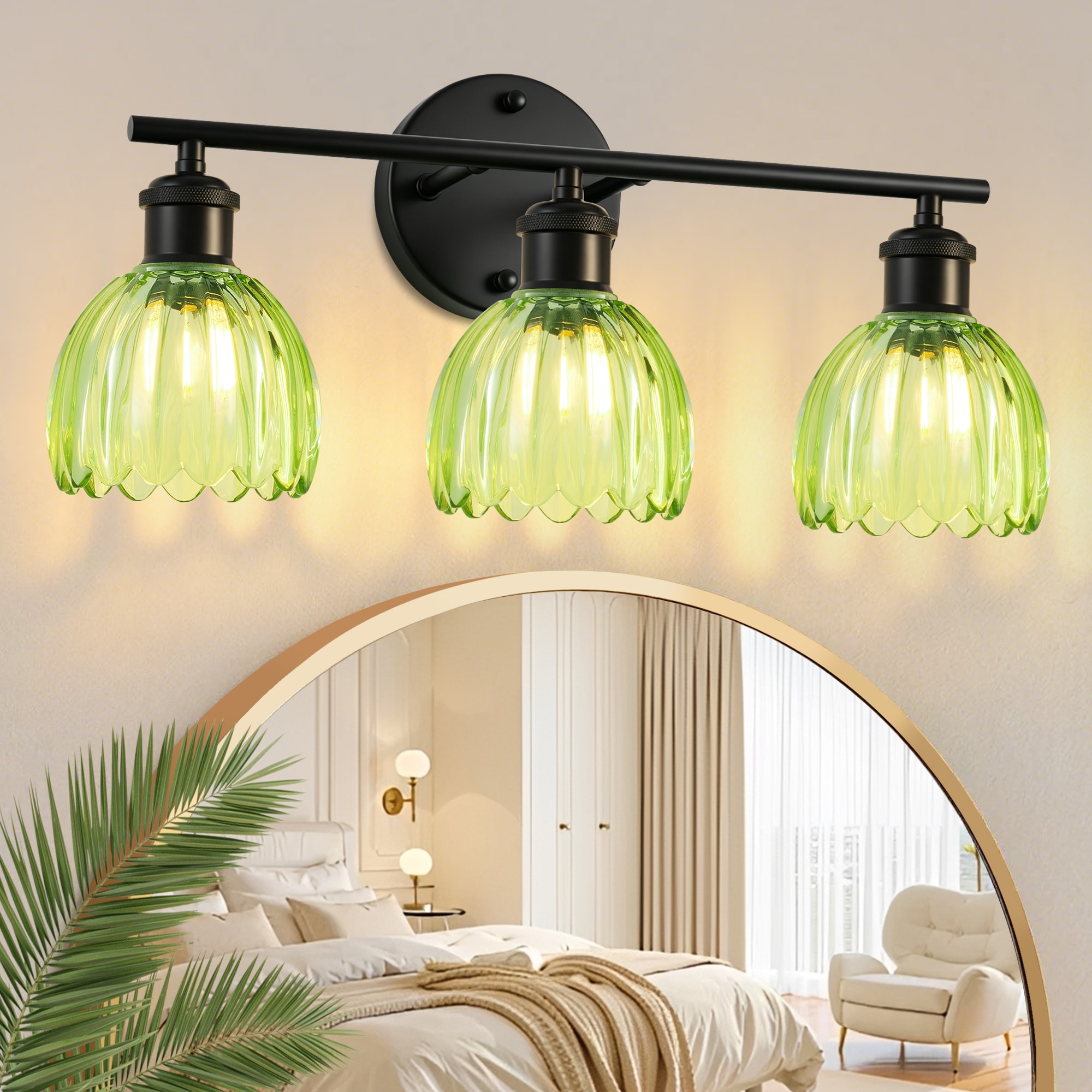 DAKAFUL 19.3 in. 3-Light Modern Black Bathroom Vanity Light with Green Tulip Glass Shade