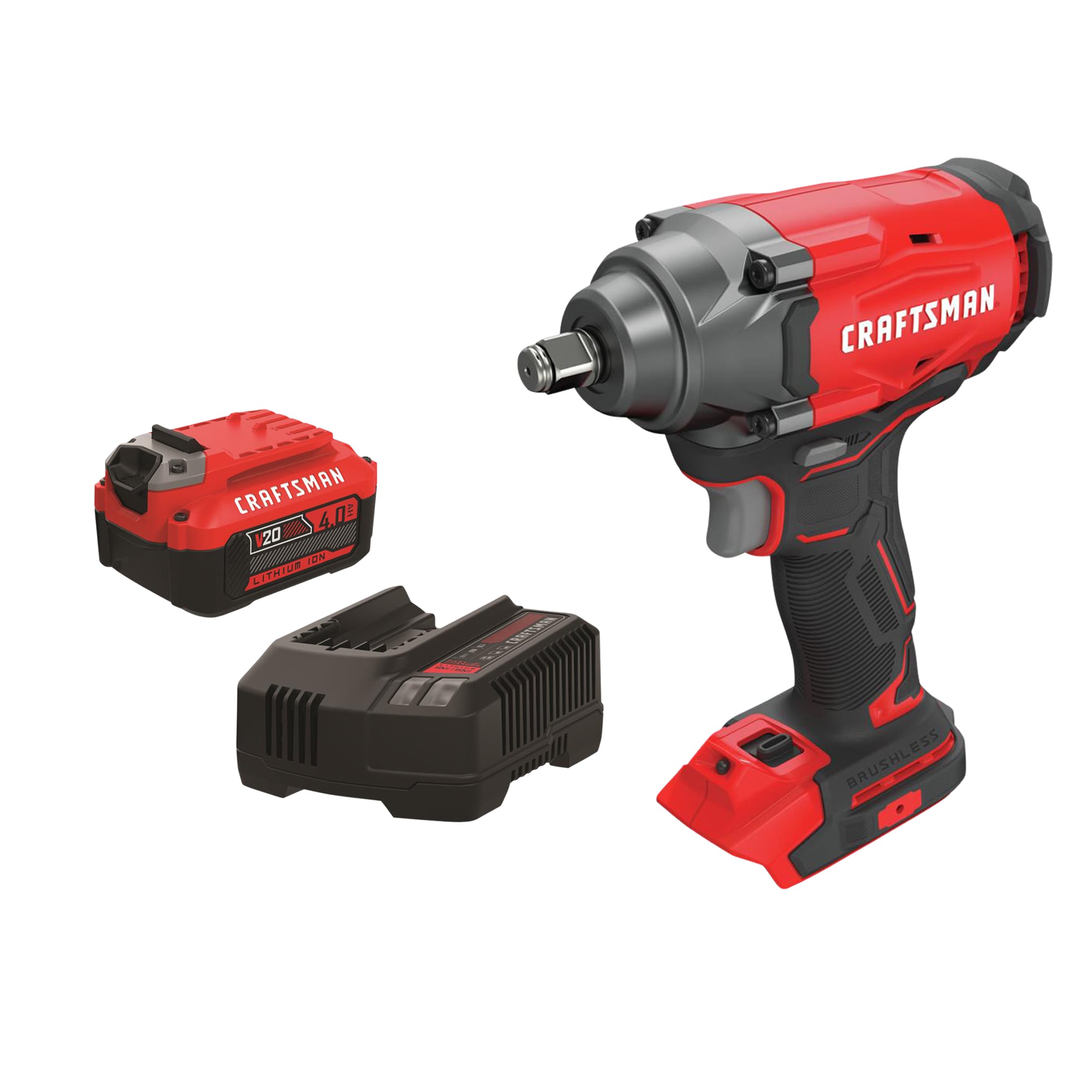 CRAFTSMAN V20 20-volt Max Variable Speed Brushless 1/2-in Drive Cordless  Impact Wrench & V20 20-Volt Max 4 Amp-Hour Lithium Power Tool Battery Kit