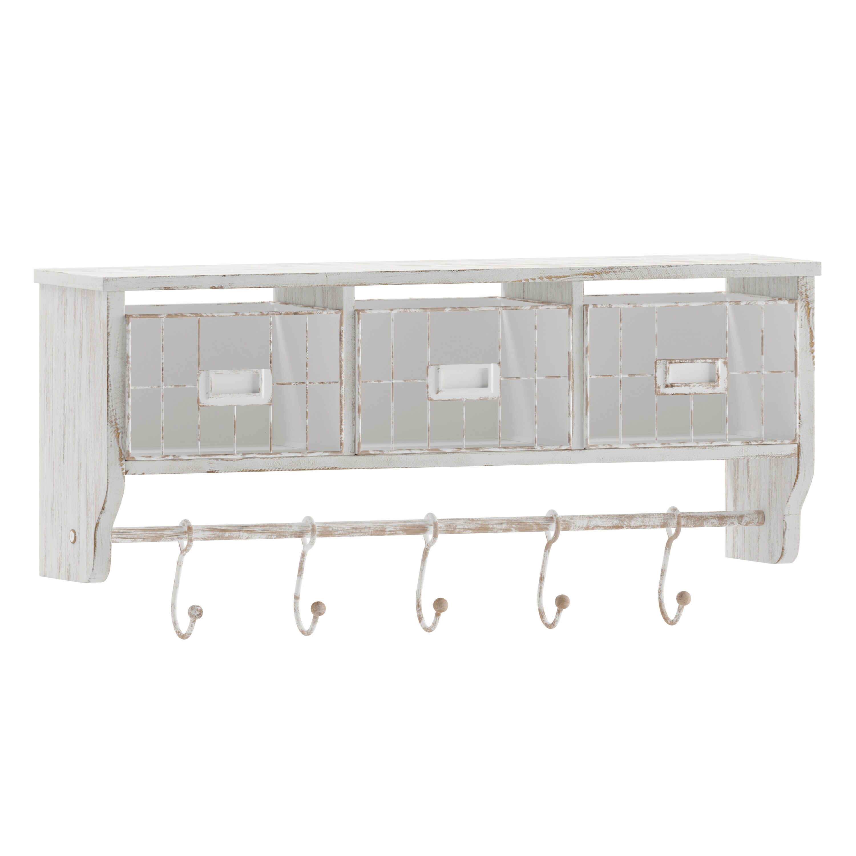 Flash Furniture 196861030253 Daly Wall Mounted 24 Inch Solid Pine Wood Storage Rack with Upper Shelf; 5 Hooks; Wire Baskets For Entryway; Kitchen; Bathroom in Whitewashed