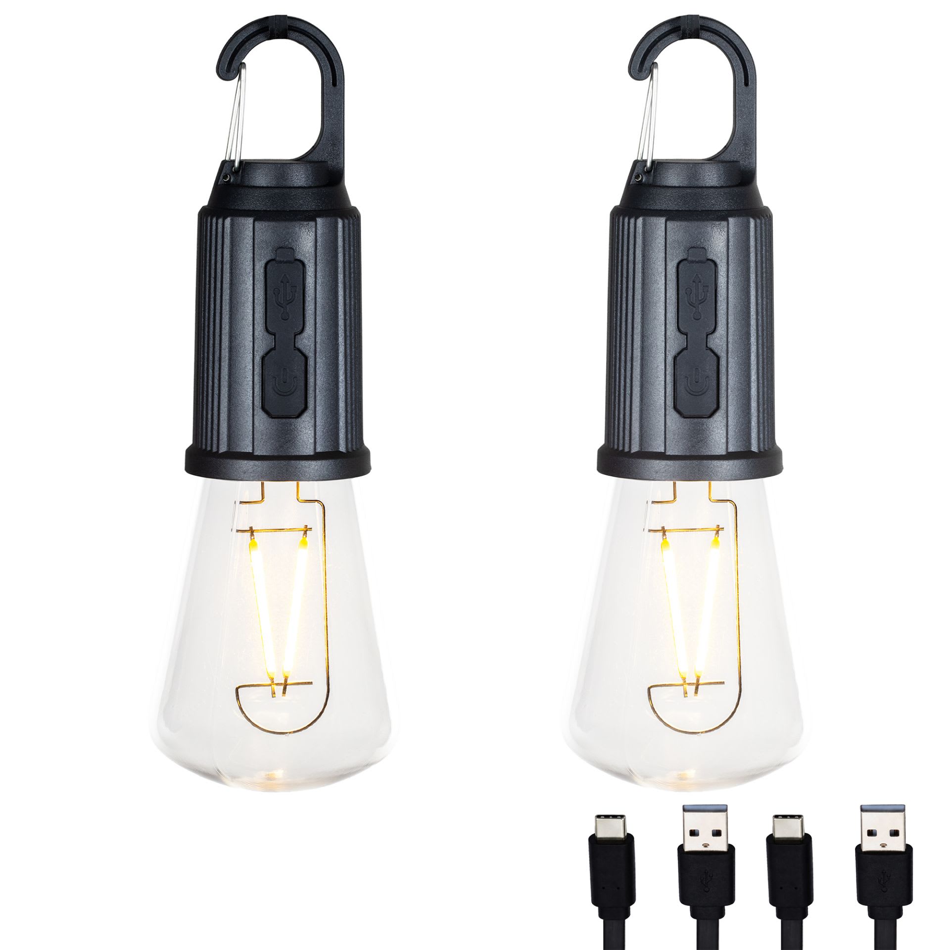 Novelty Lights Festive Living 2-Pack Rechargeable Camp Light Warm White LED Conical Bulb Battery Powered USB-C Charging Port Carabiner Hook 3 Brightness Levels