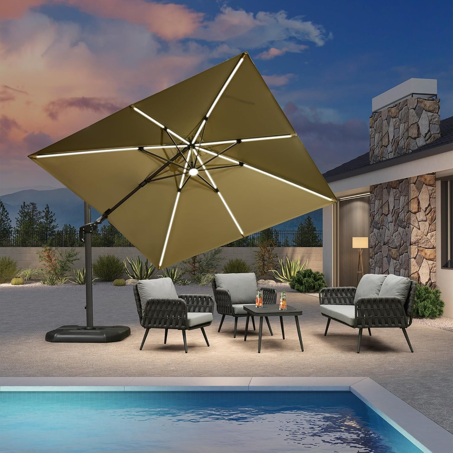 PURPLE LEAF LS04XHSXT10-KK-NEW 10-ft Aluminum Beige Crank Cantilever Patio Umbrella with Lights and