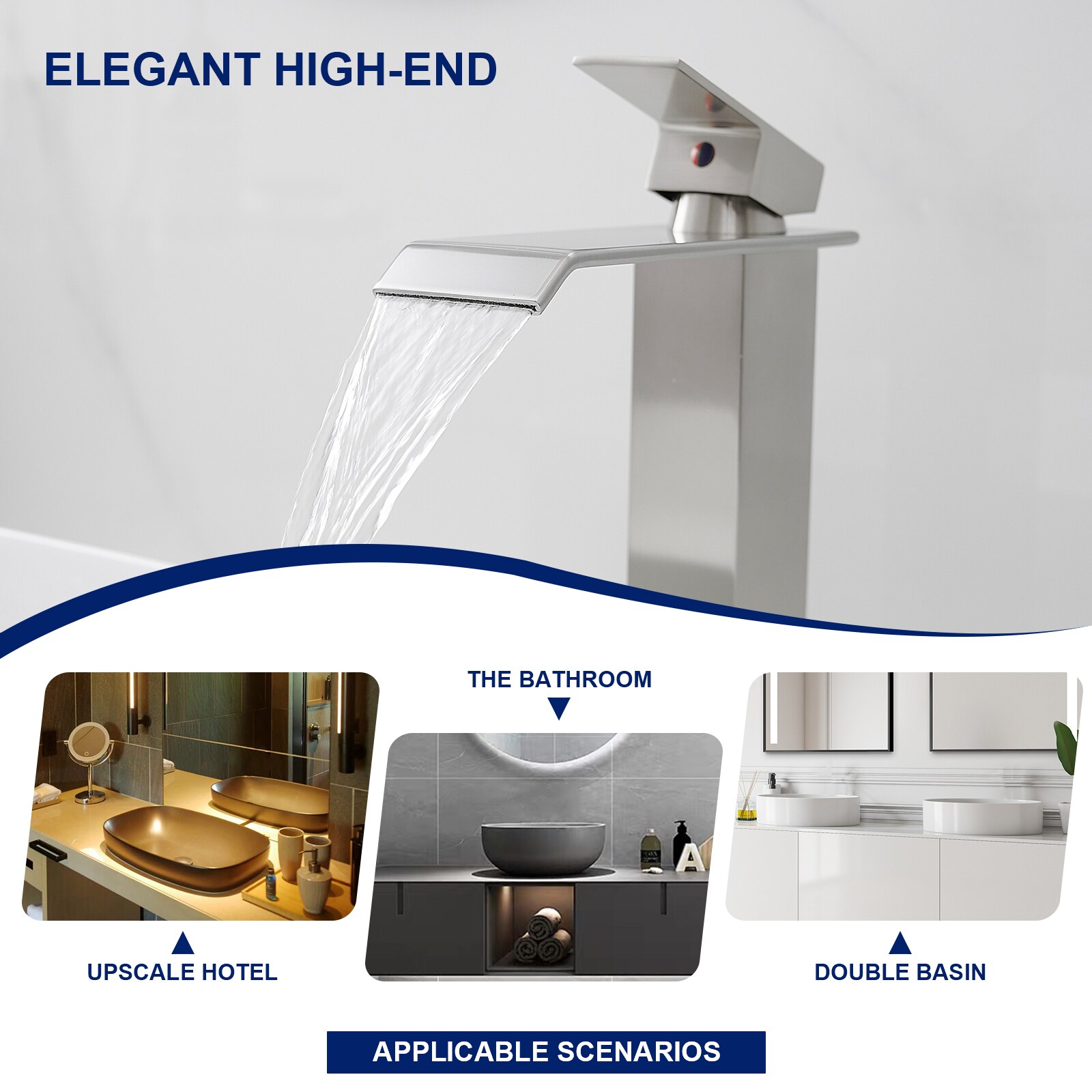 Brushed Nickel Waterfall Vessel Sink Faucet with Pop-Up Drain