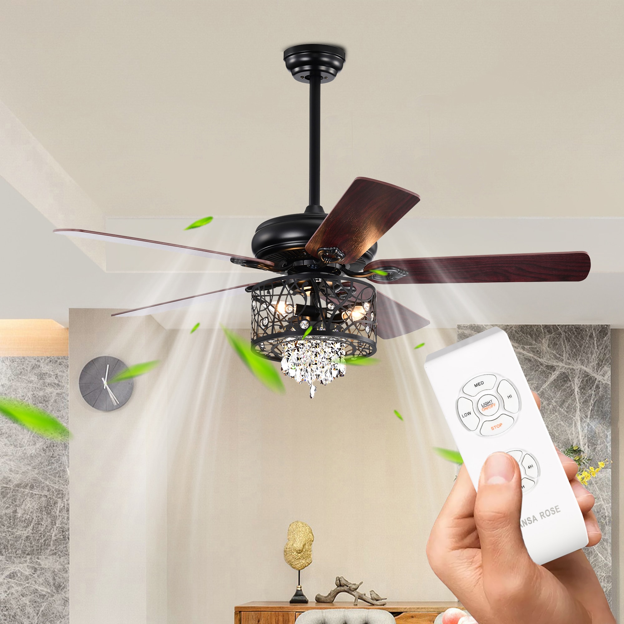 ExBrite DICF0082 52-Inches Matte Black with Indoor Downrod mount Chandelier Ceiling Fan With Light and Remote ( 5 -Blade)