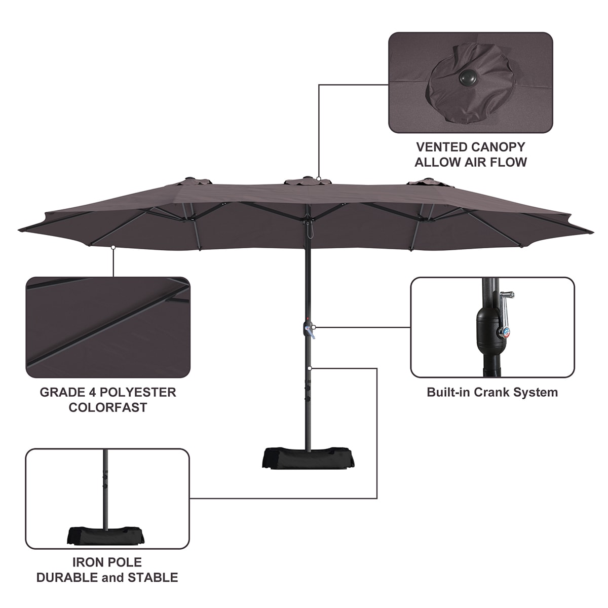 Clihome 15-ft Steel Brown No-tilt Market Patio Umbrella with Base in ...