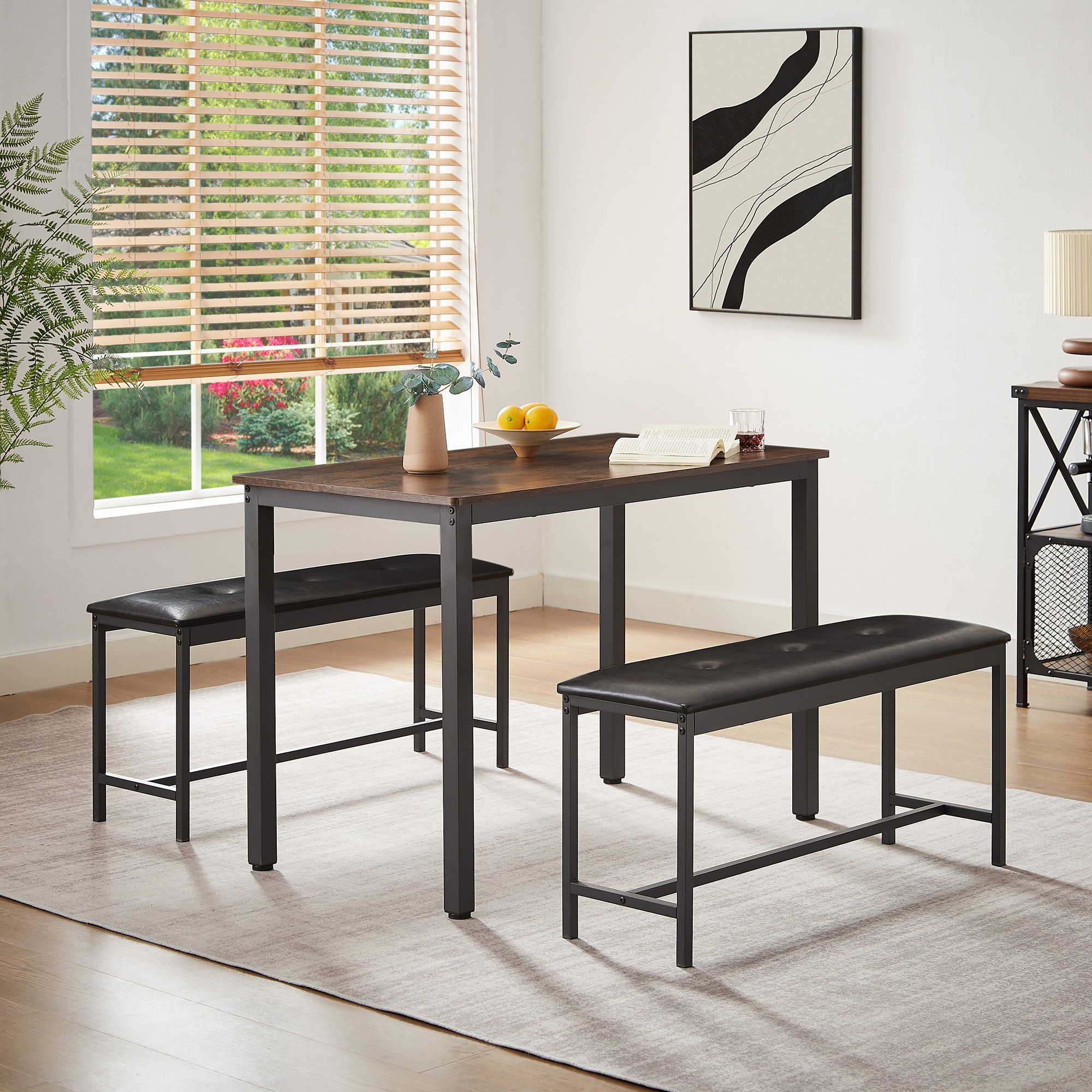 Rustic Brown and Black 3-Piece Dining Table Set with Benches