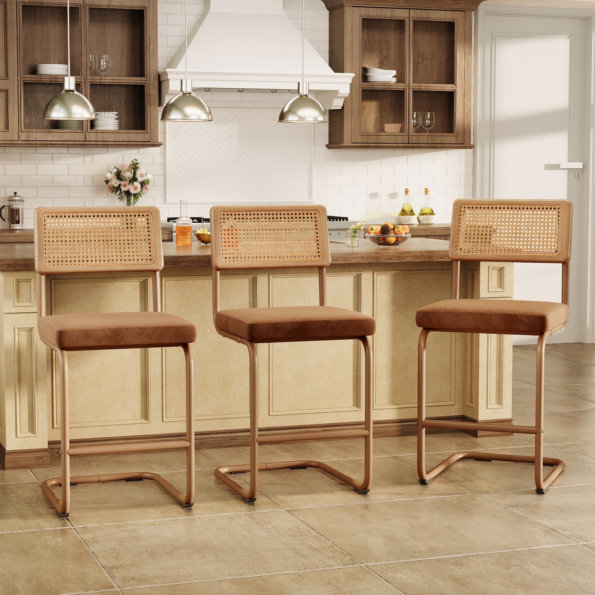 Serwall Set of 3 Counter Height Bar Stools with Velvet Fabric Seat Wood and Woven Rattan Back
