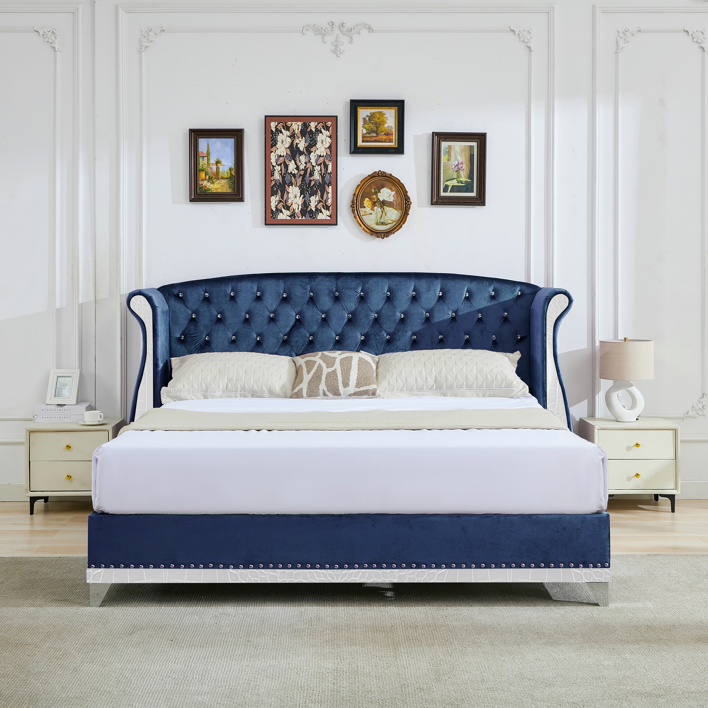 Christopher Knight Home 336950 Elegant Fabric Wingback Button-Tufted Platform Bed Queen Navy Blue