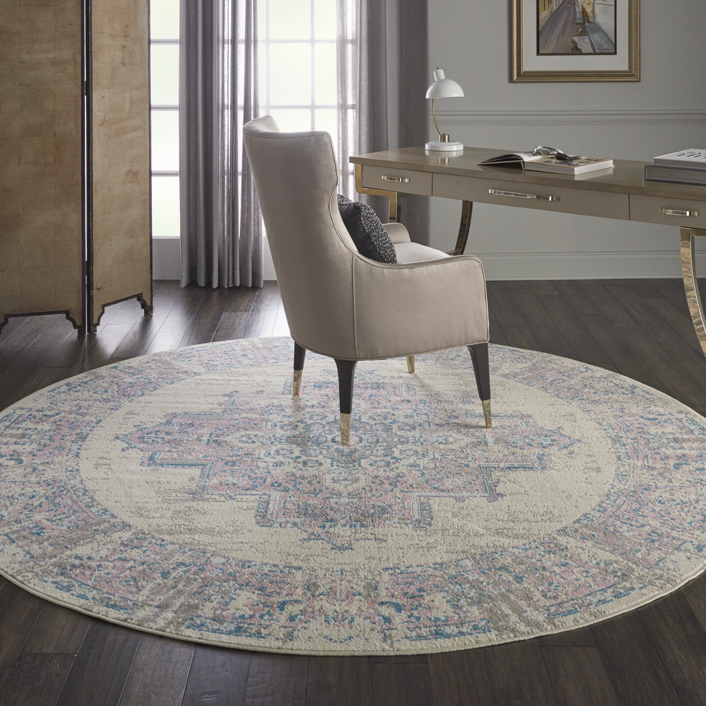 Nourison 99446481627 Grafix 8 x 8 (ft) Loomed Polypropylene Pink Round Indoor Medallion French Country Area rug