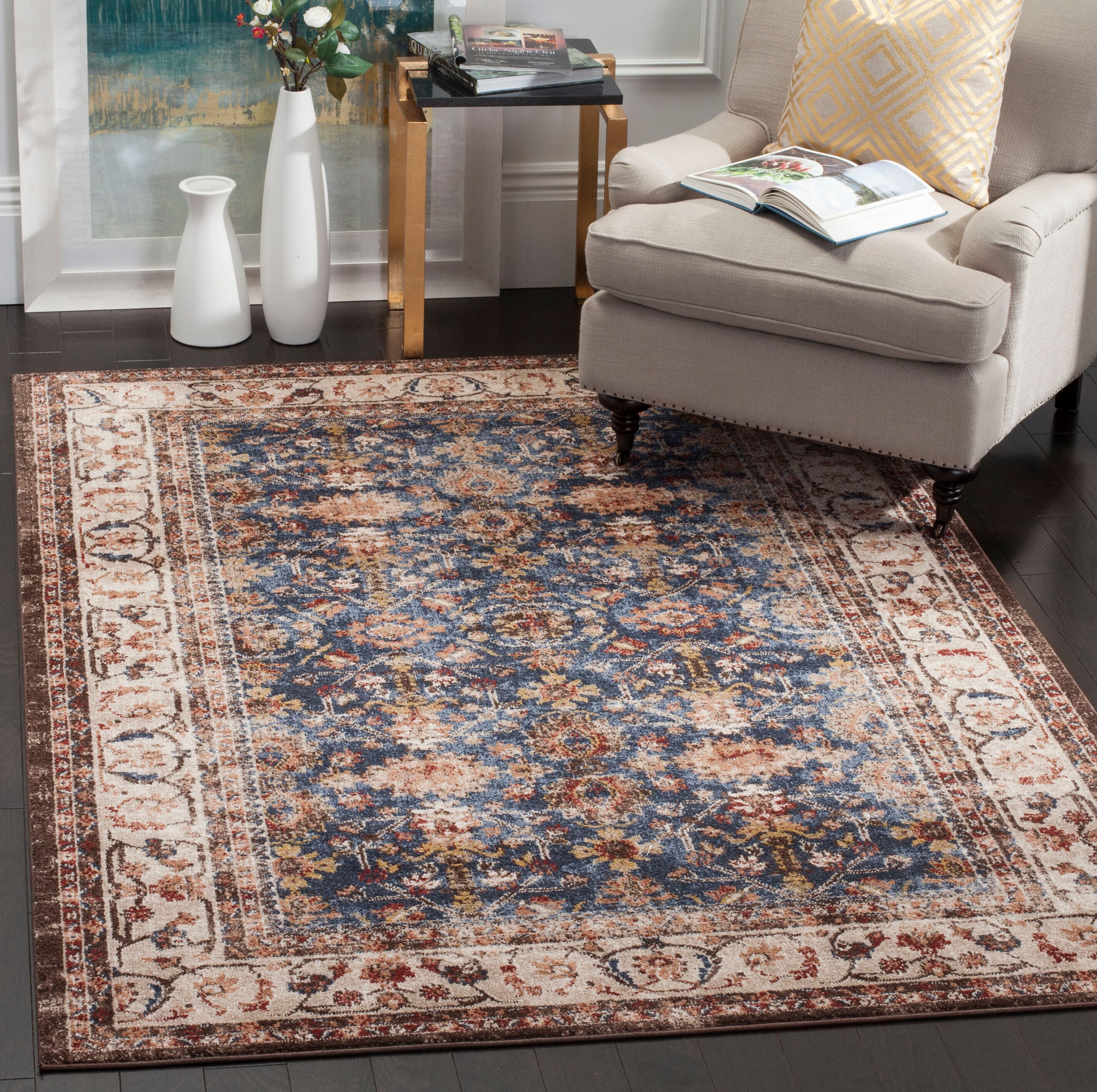 Safavieh BIJ650B-3 Bijar Cizre 3 X 5 Royal/Ivory Indoor Floral/Botanical Oriental Throw Rug