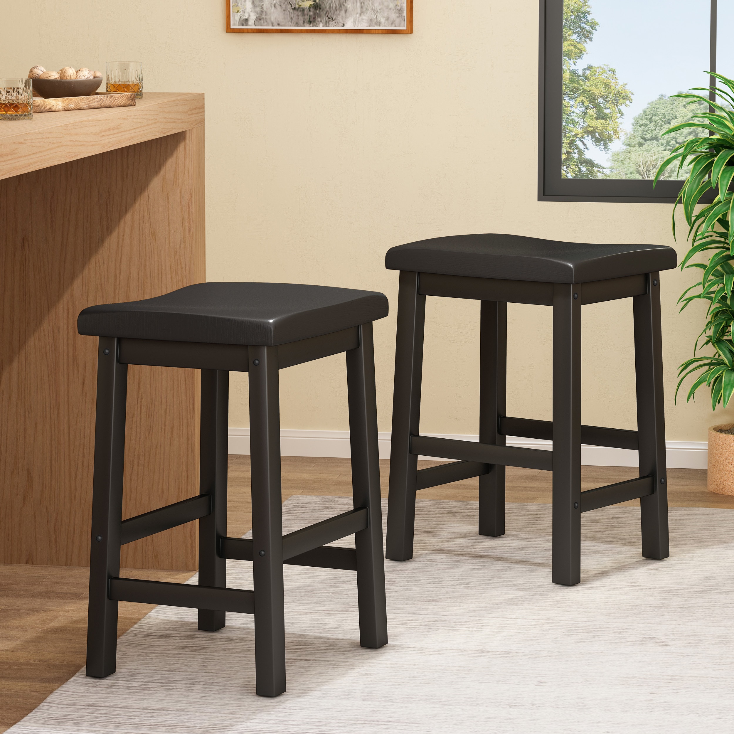 Christopher Knight Home Aria Classic Wood 24-inch Saddle Counter Stool with Backless Seat and Footrest - Black (Set of 2)