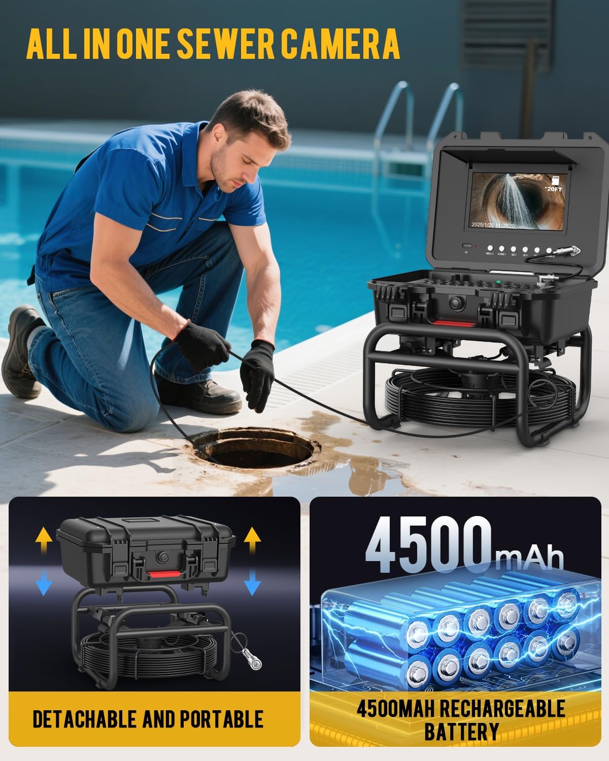 Anysun 100ft Self Leveling Sewer Camera with Keypad Monitor and 5X