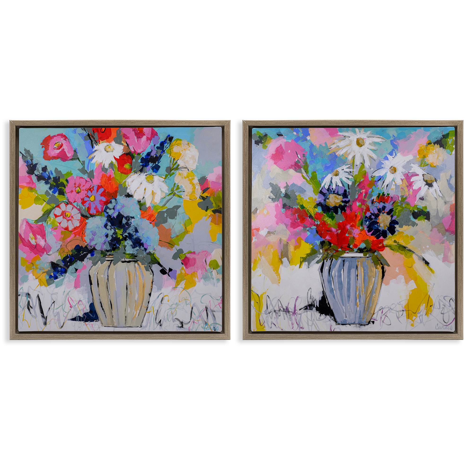 Stupell Industries B2-795-FFE-2PC-24X24 Vibrant Flower Vase Collection 2pc Floating Frame Set design by Joan Curtis