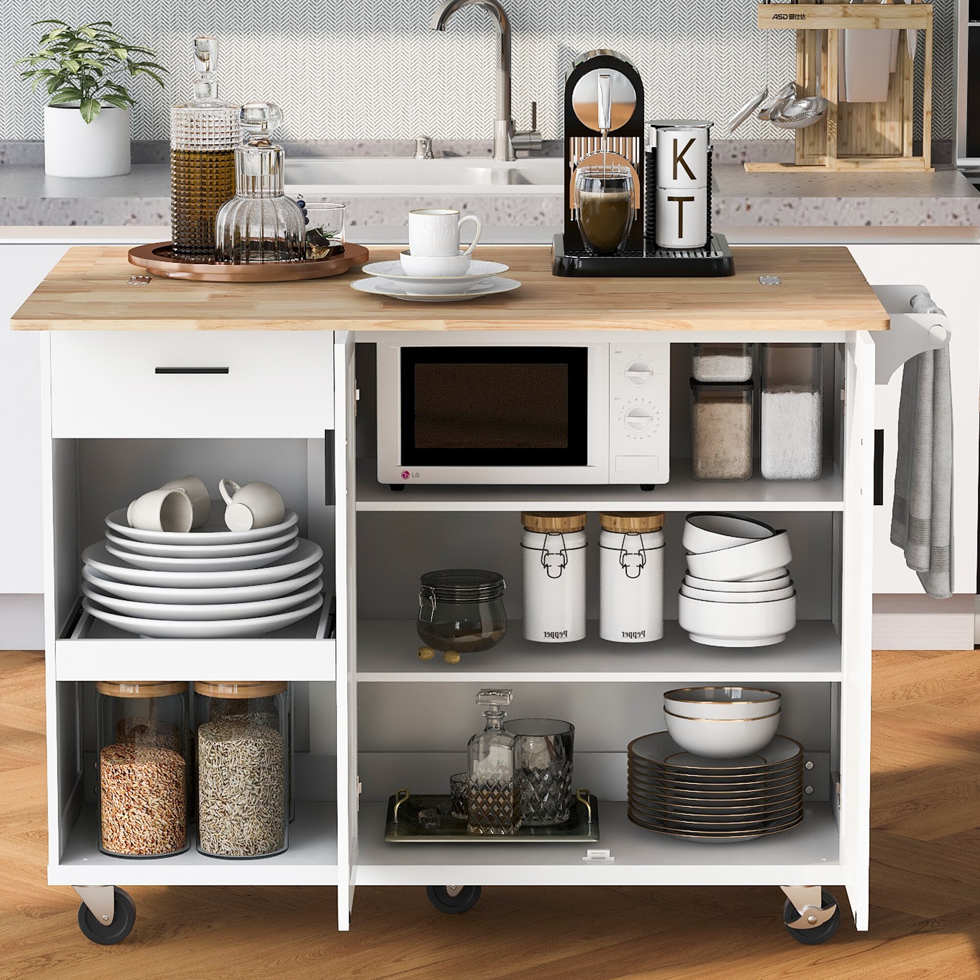 Runesay White Mdf Base with Mdf Wood Top Rolling Kitchen Island (33.2-in x 49.02-in x 37.54-in)